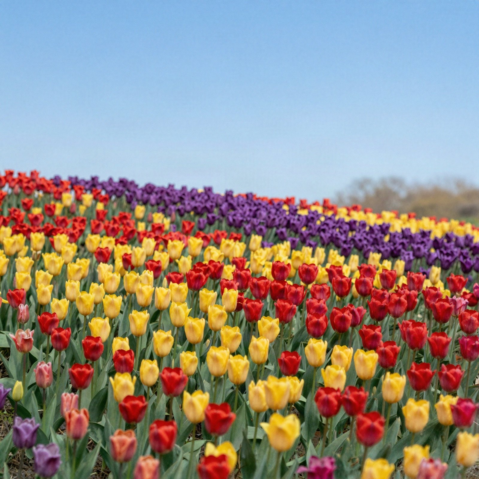 Rows of red, yellow and purple tulips in bloom under a blue sky
