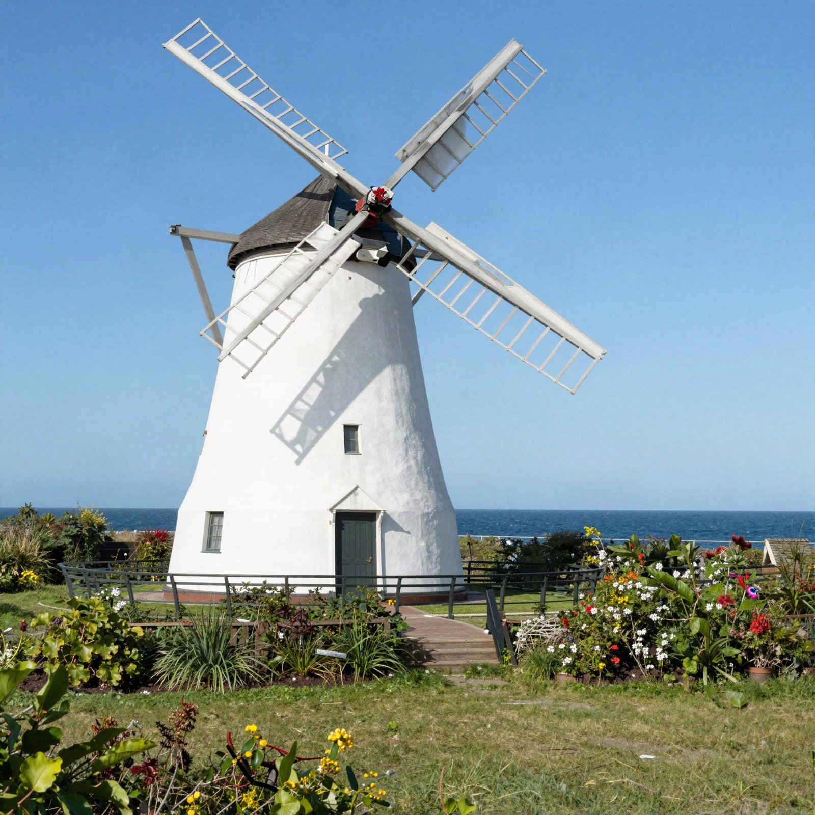 A white Dutch windmill in a flower garden near the ocean