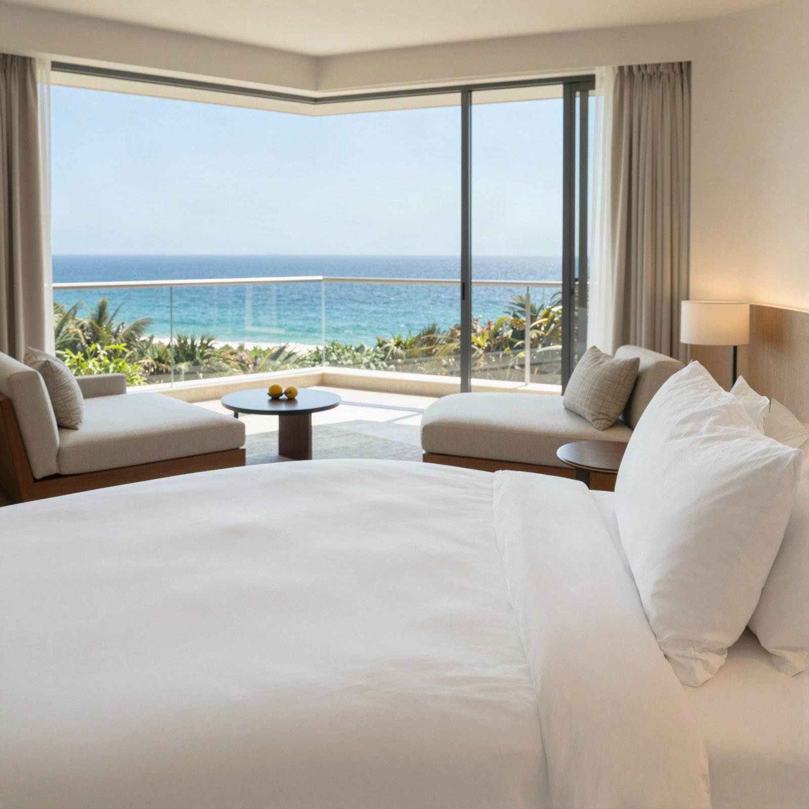 A deluxe suite with a king bed and a glass balcony overlooking the ocean