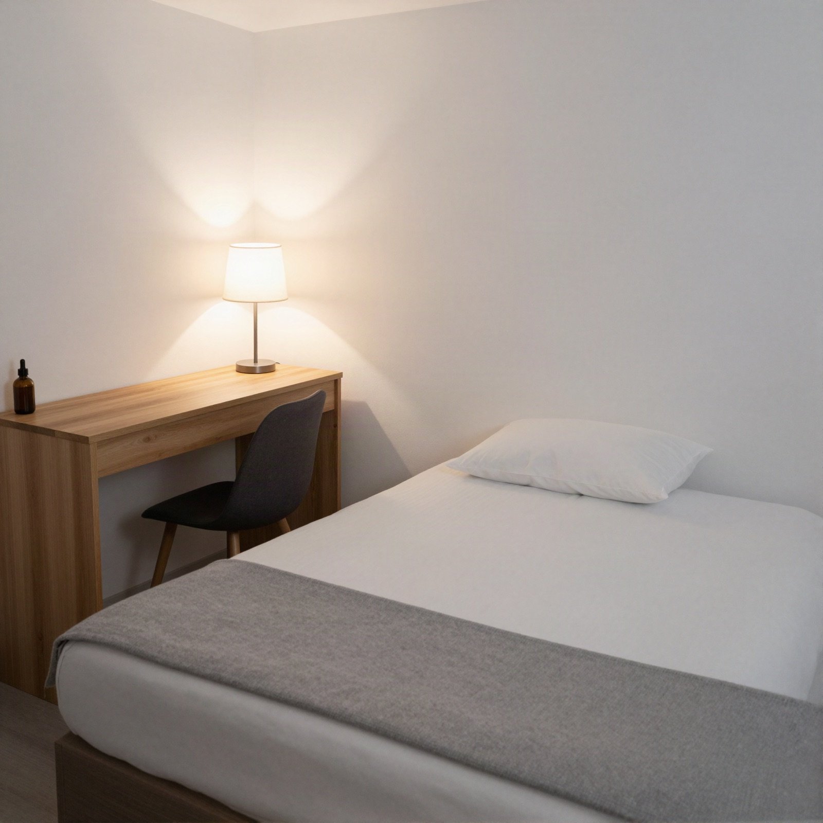 A compact single room with a made bed, wooden desk and lamp