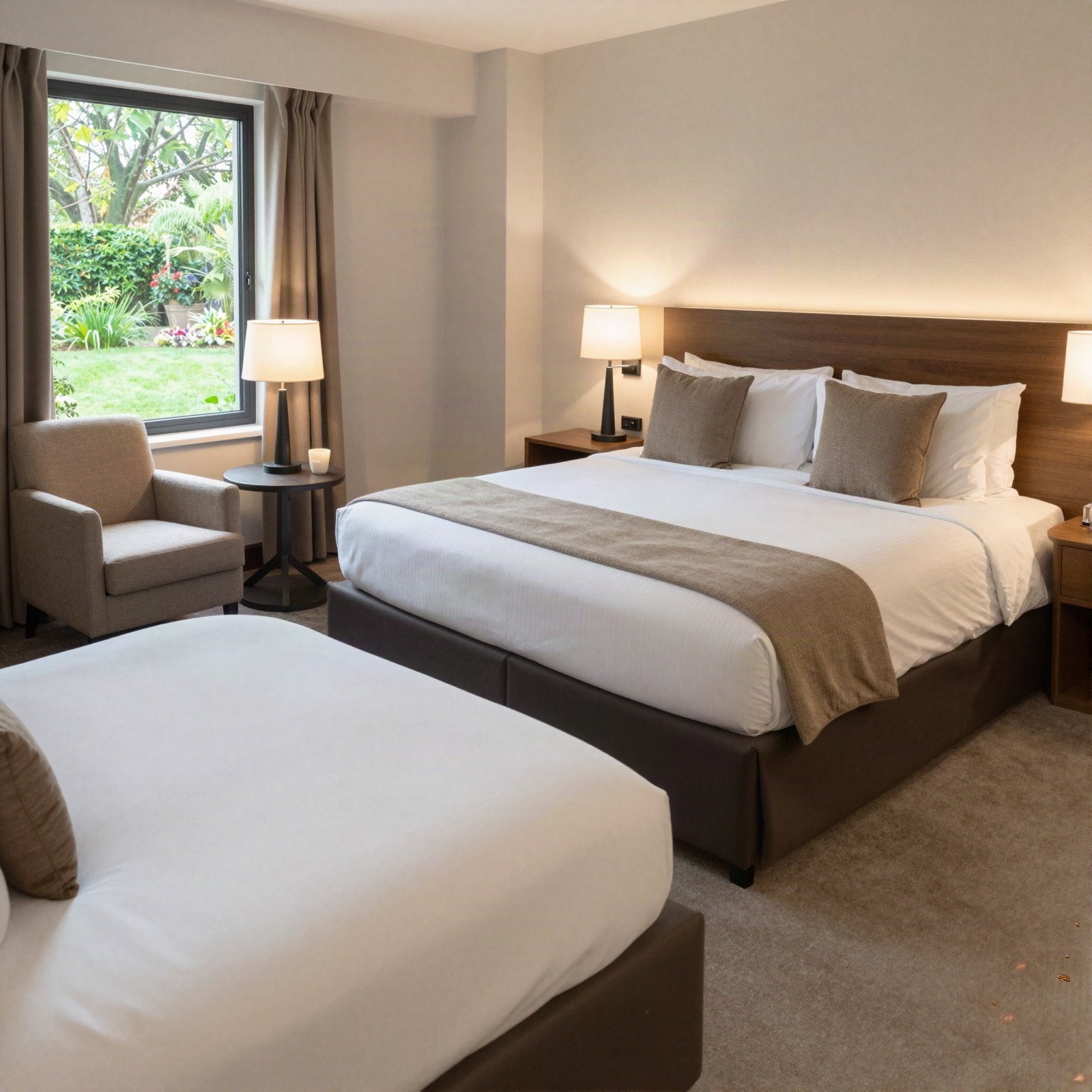 A double room with a queen bed, armchair and a window onto the garden