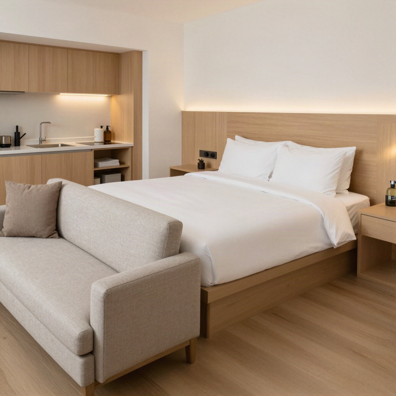A family suite with a double bed, sofa and a small kitchenette