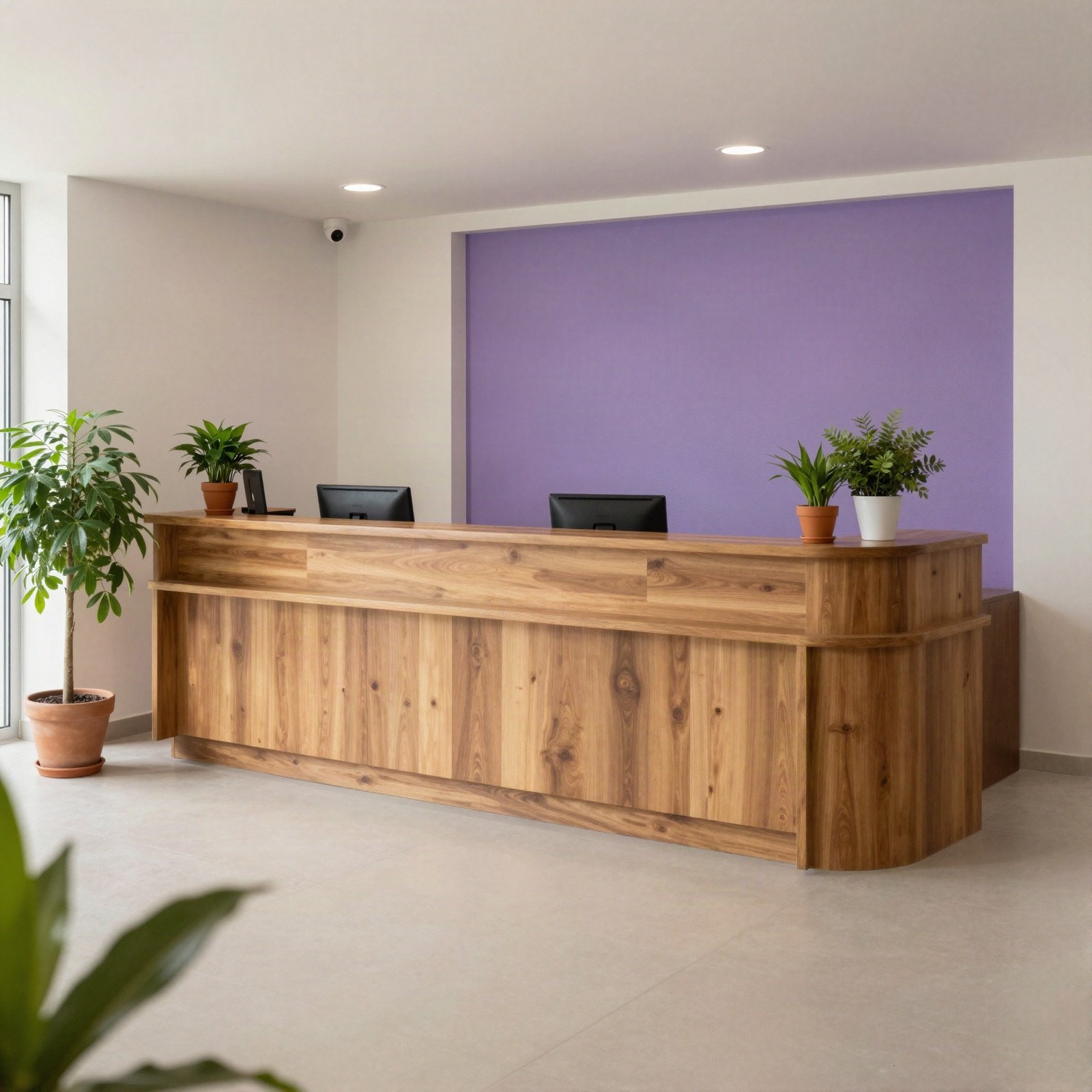 The hotel lobby with a wooden reception desk, plants and a lavender wall