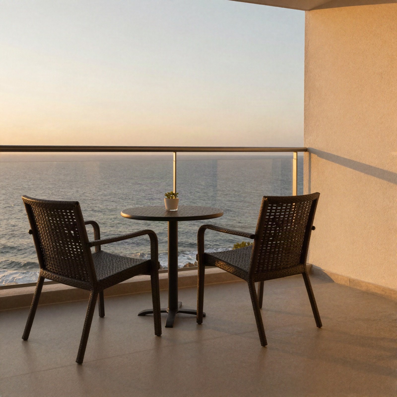 Two chairs and a small table on a balcony overlooking the sea at sunset