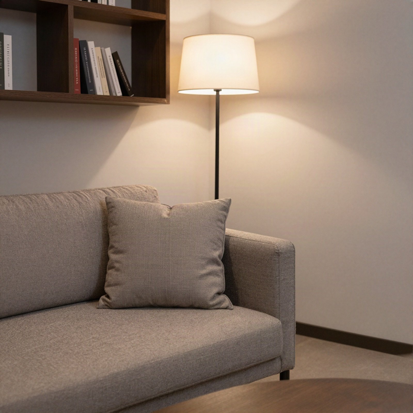 A quiet lounge corner with a sofa, bookshelf and floor lamp