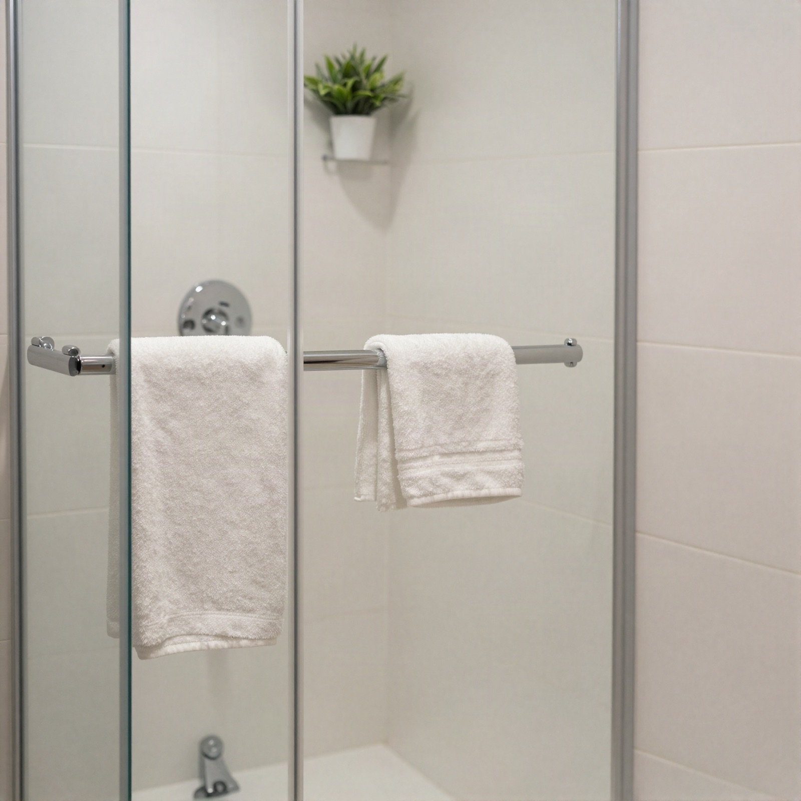 A clean walk-in shower with white tiles and fresh towels