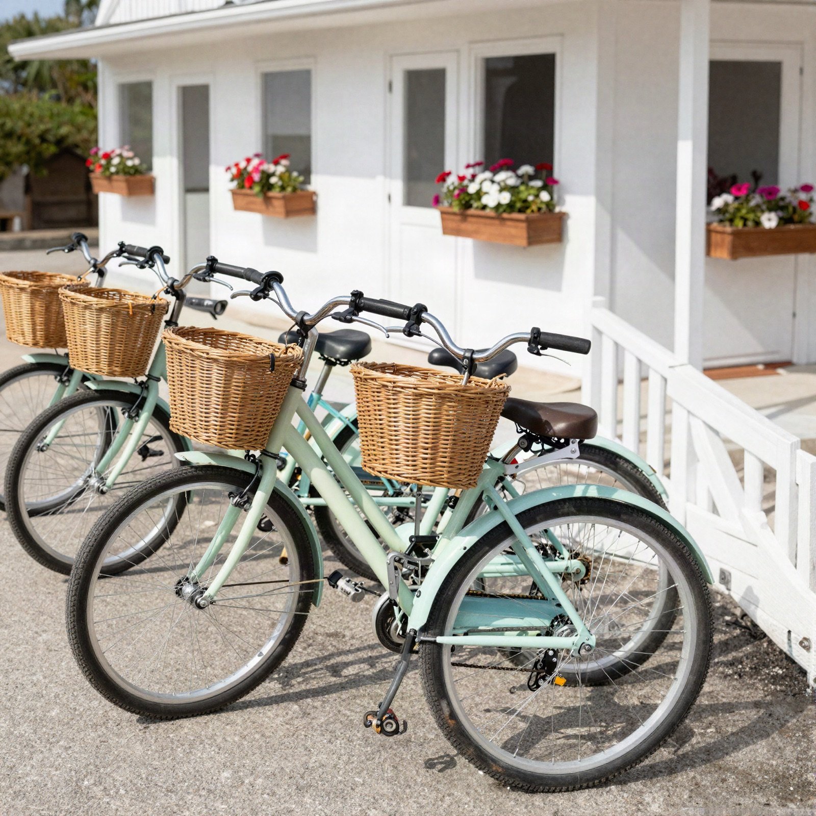 Mint green bicycles with wicker baskets parked outside a white seaside hotel