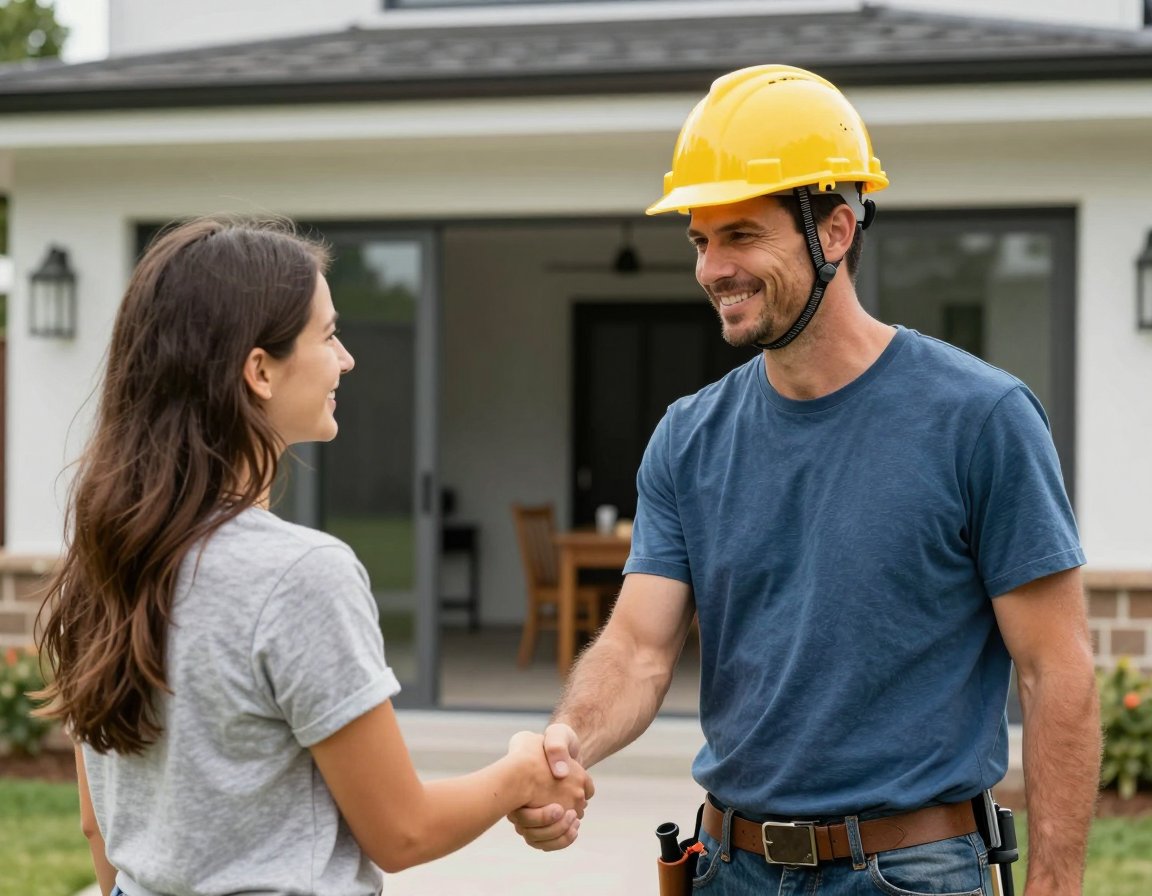 A builder in a yellow hard hat shaking hands with a homeowner in front of a finished house