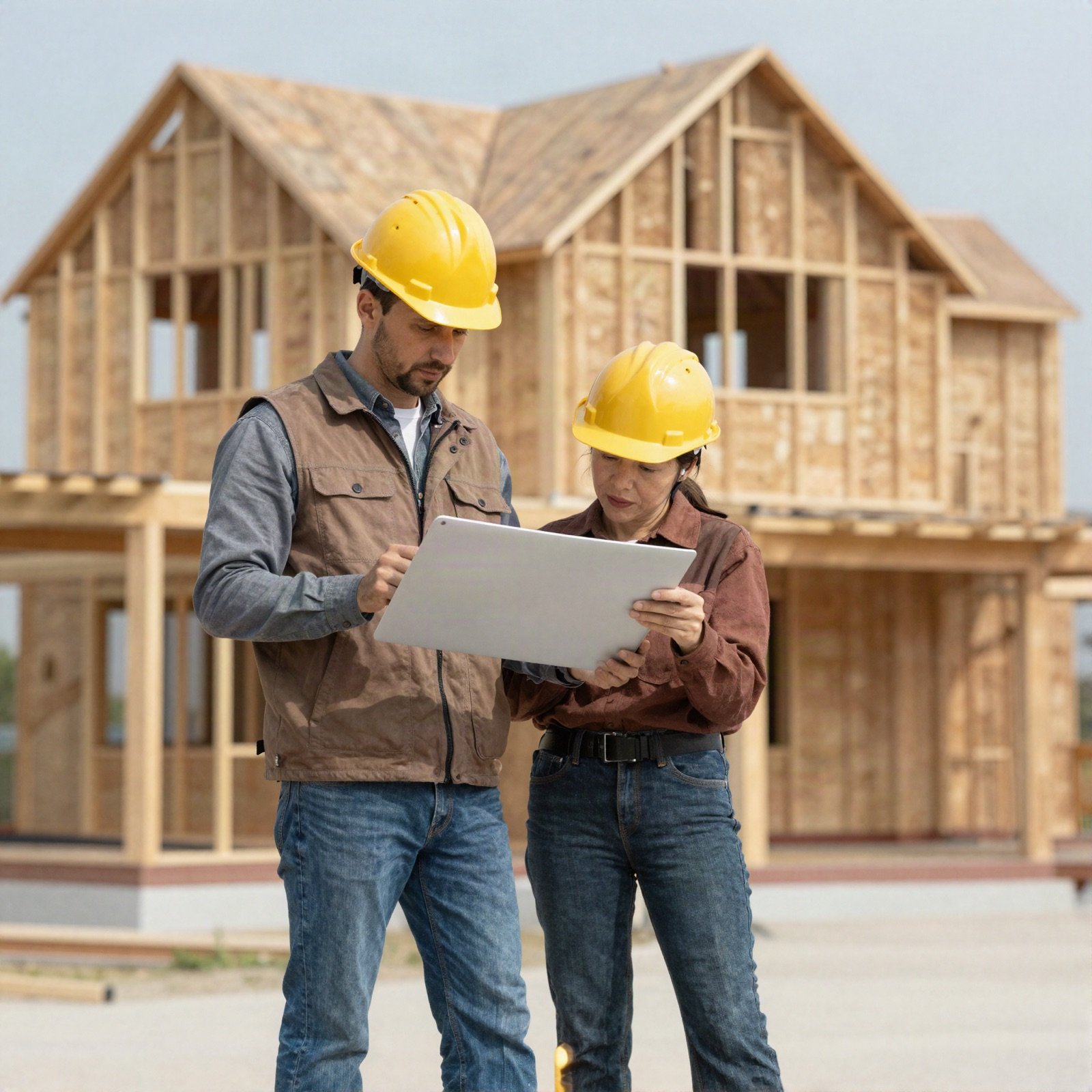 Contractors in hard hats reviewing plans in front of a timber-framed house