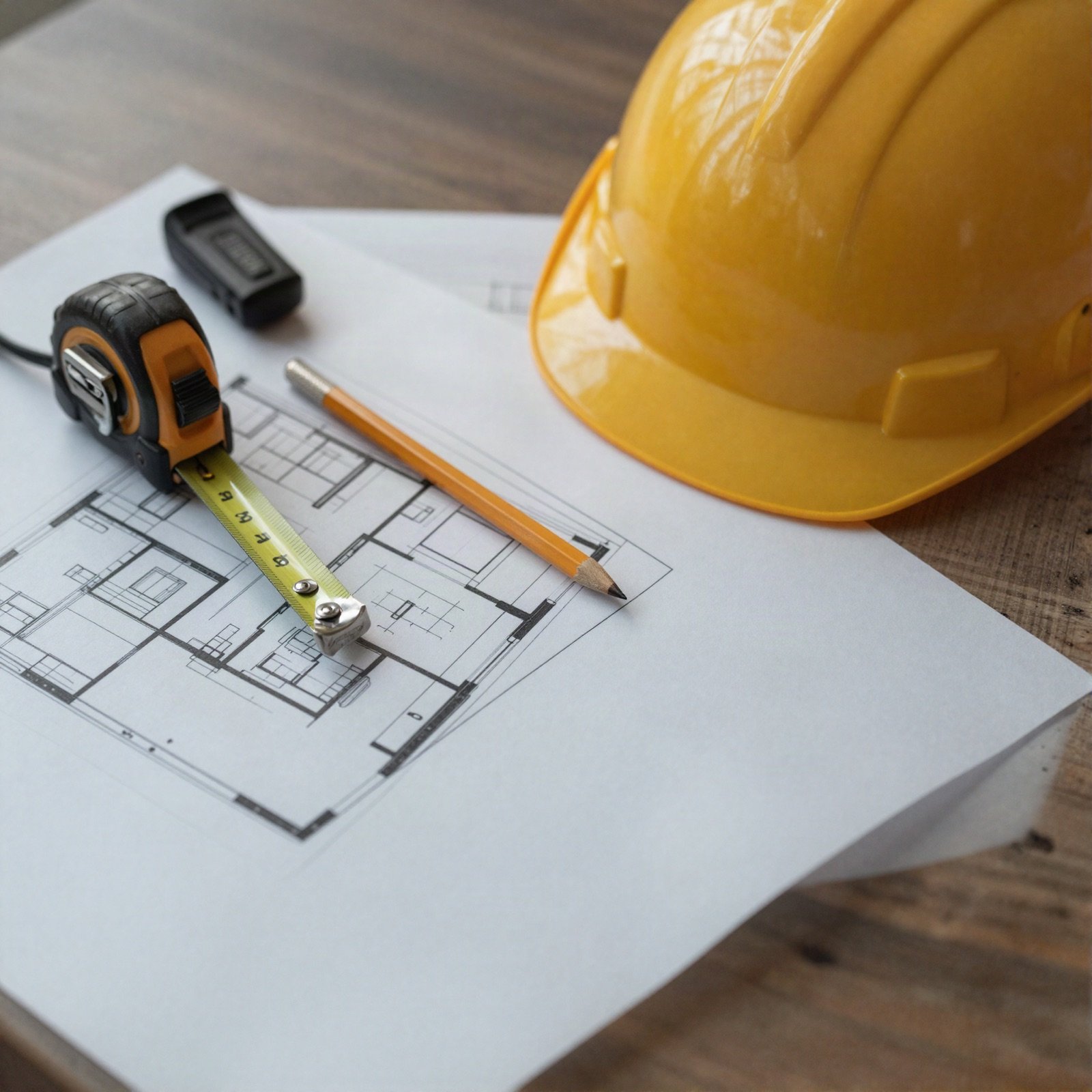 Floor plans, tape measure, pencil and a yellow hard hat on a desk