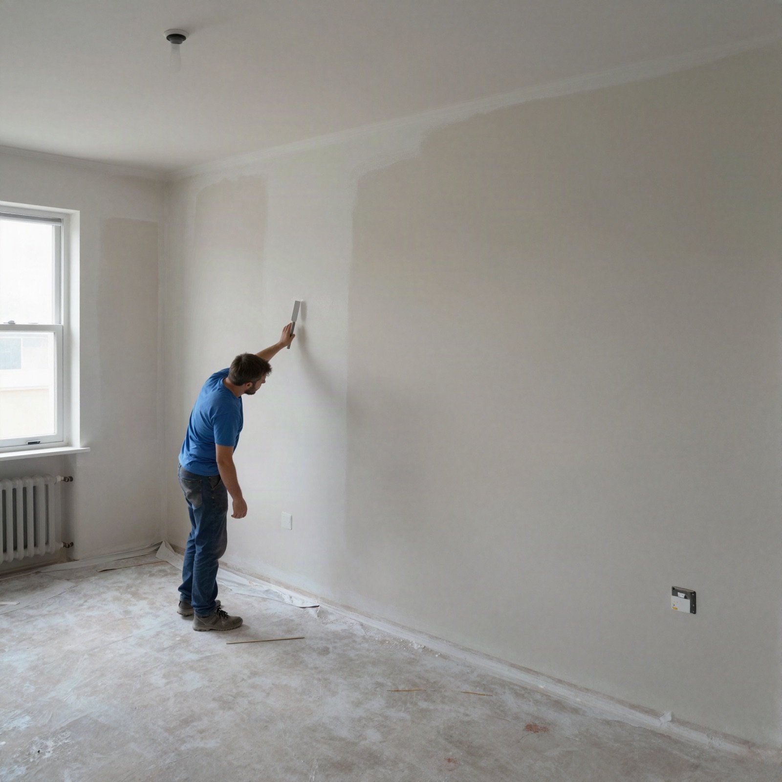 Decorator smoothing a freshly plastered wall during a refurbishment