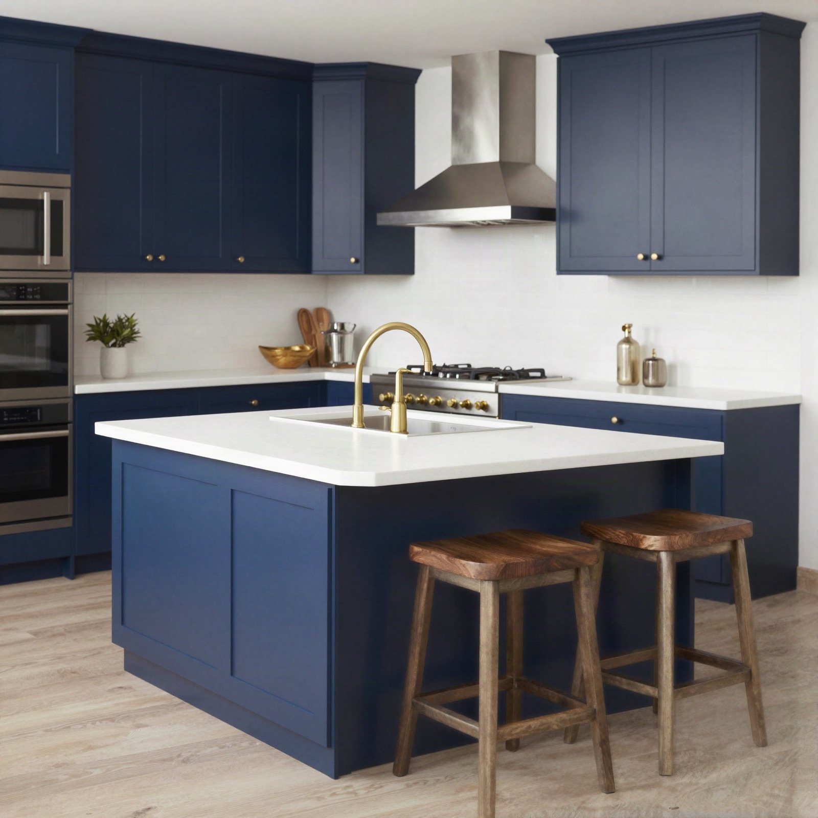 Remodeled kitchen with navy cabinets, white worktops and brass tap
