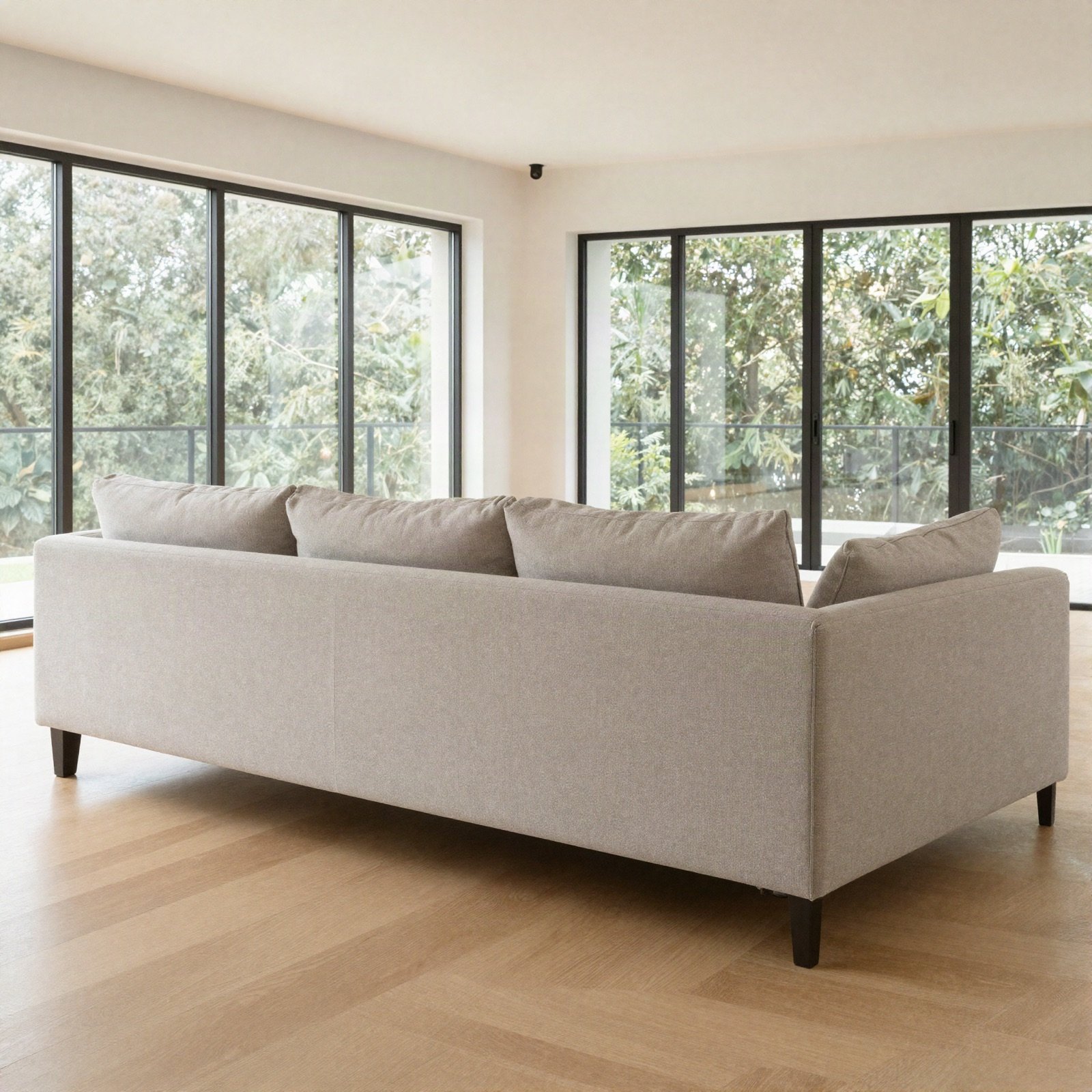 Bright living room with a light grey sofa, oak floor and tall windows