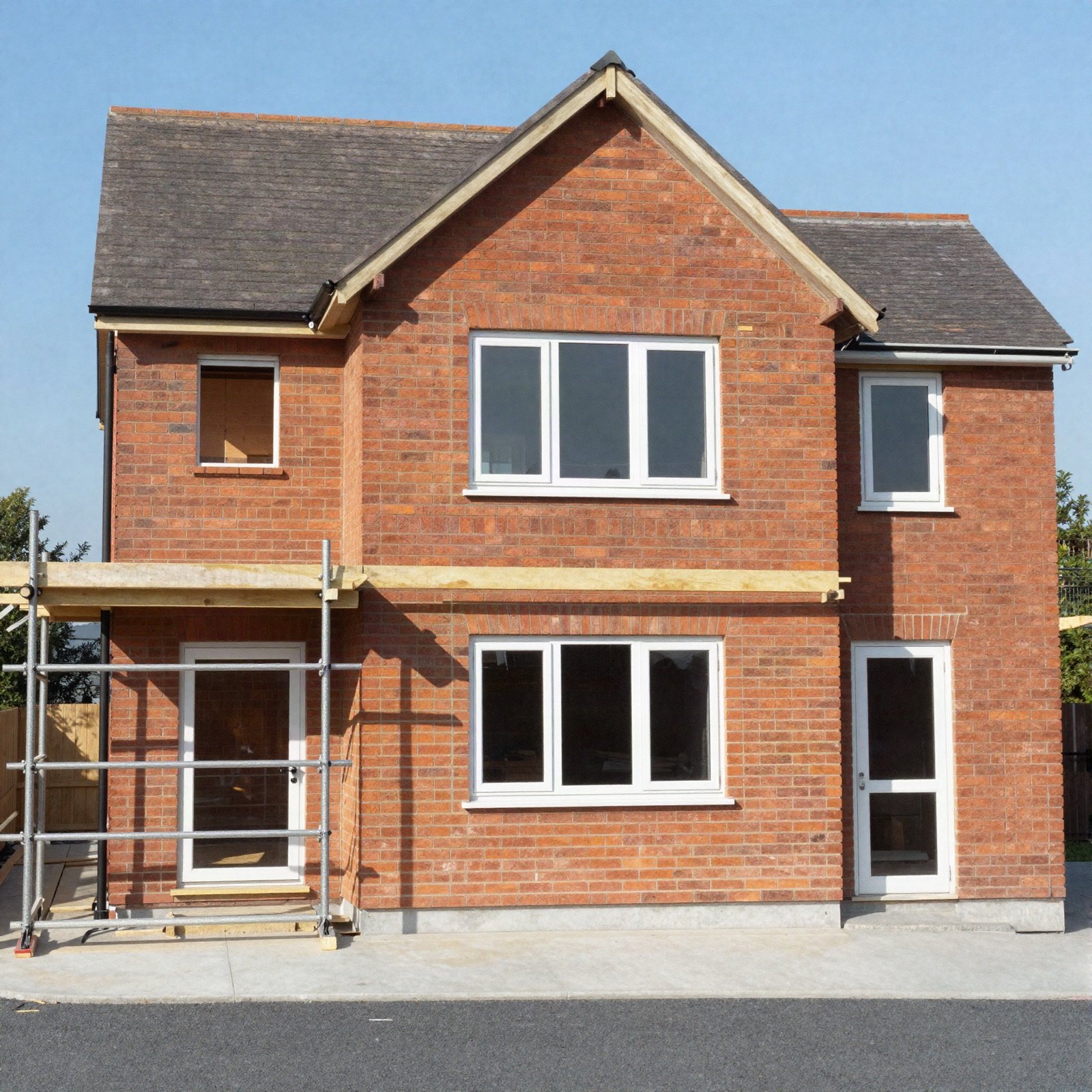 Red brick house with a new extension and scaffolding