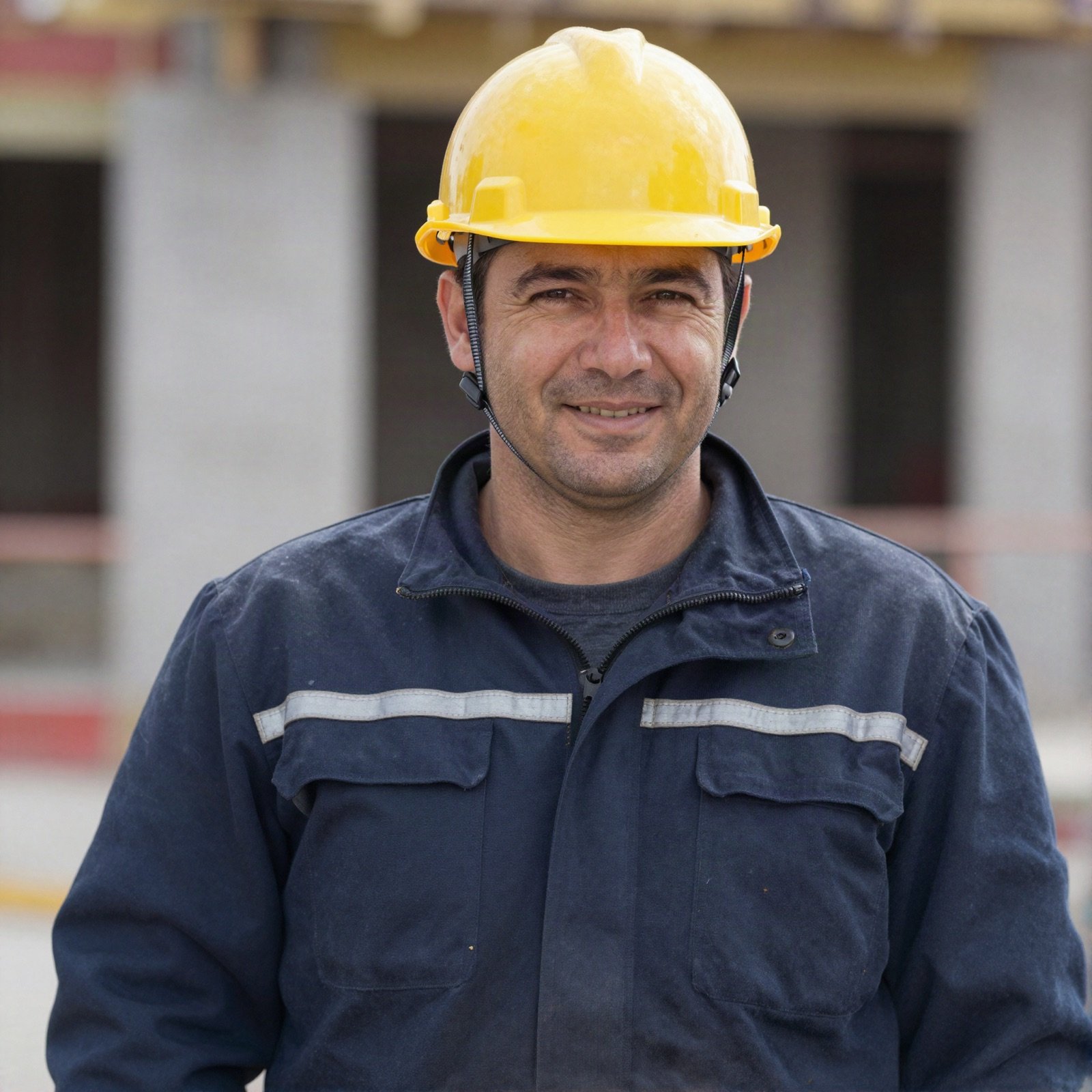Smiling builder in a yellow hard hat and navy work jacket