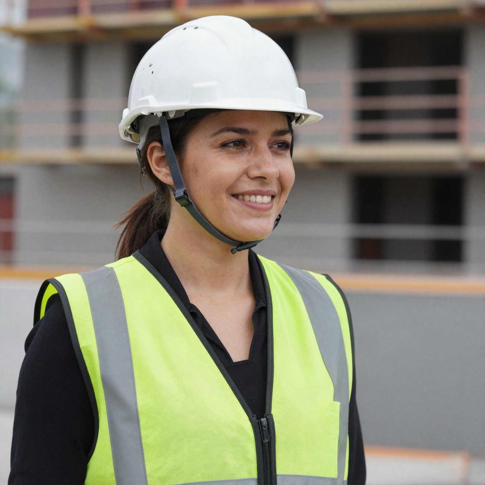 Smiling project manager in a white hard hat and hi-vis vest