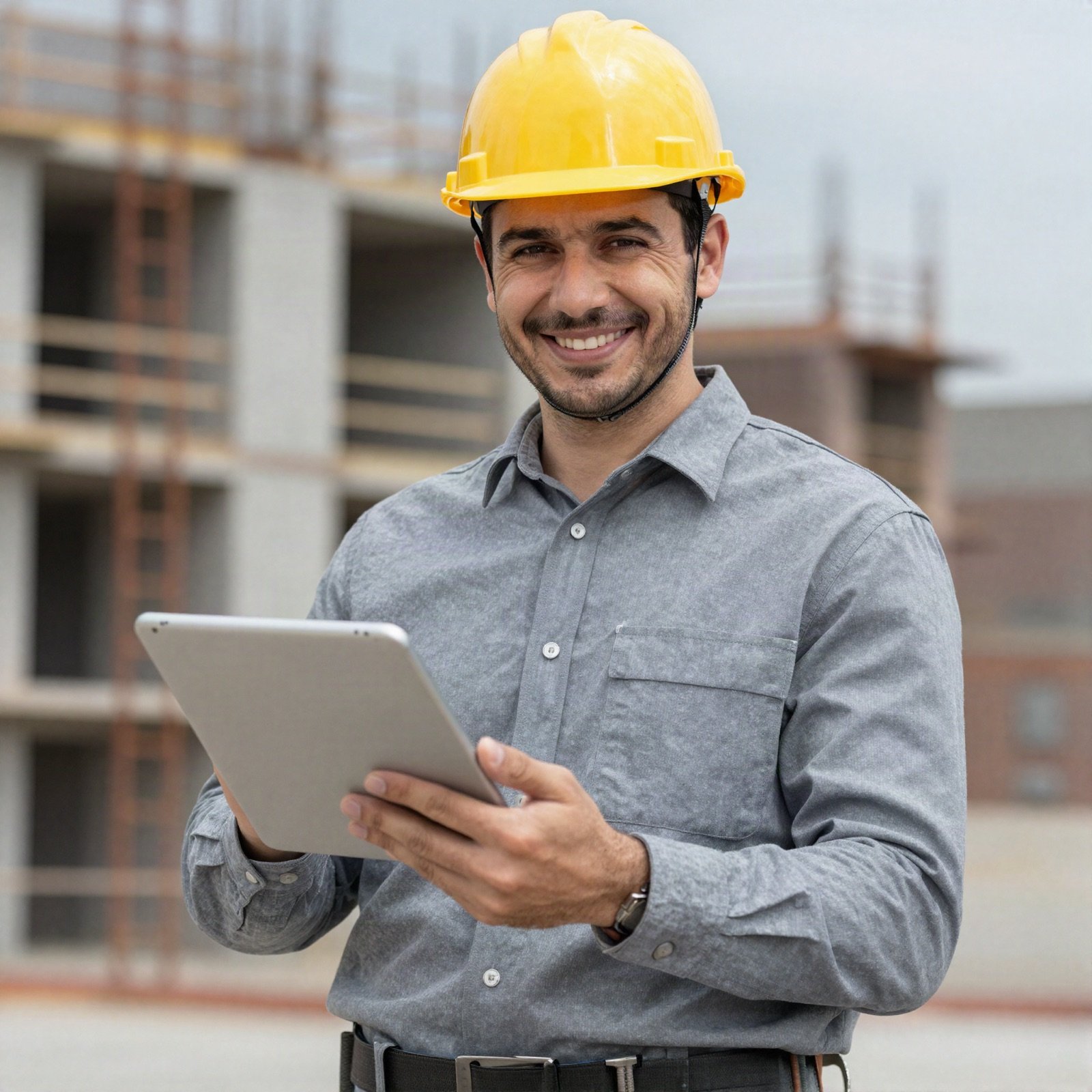 Smiling site supervisor in a yellow hard hat holding a tablet