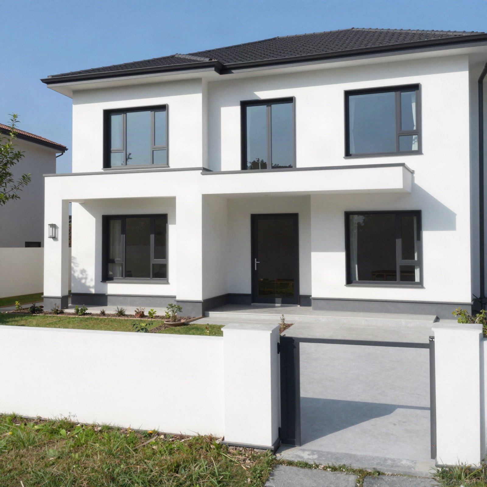 Finished two-storey white family house with dark window frames
