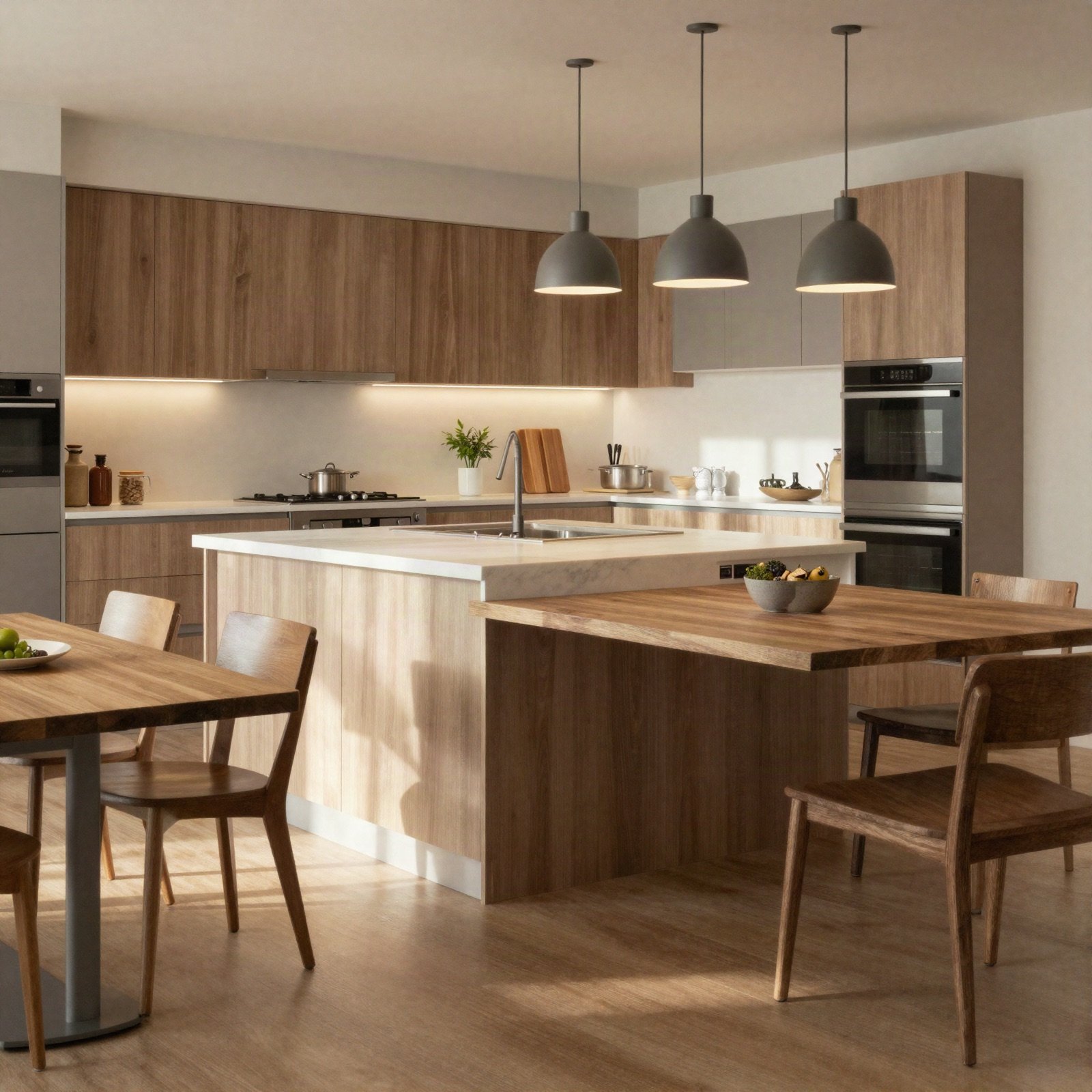 Renovated open-plan kitchen with island and pendant lights