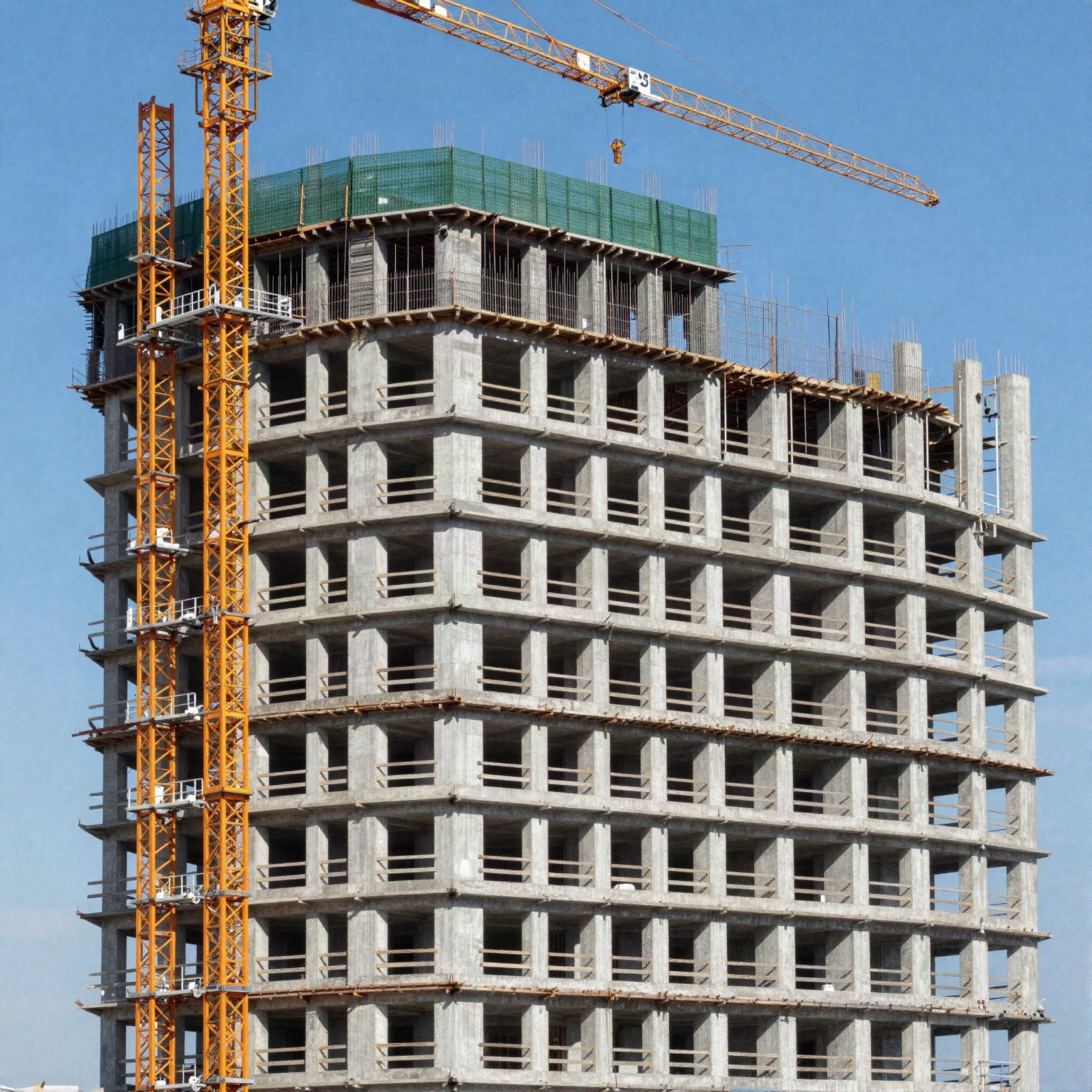 Apartment building under construction with tower cranes