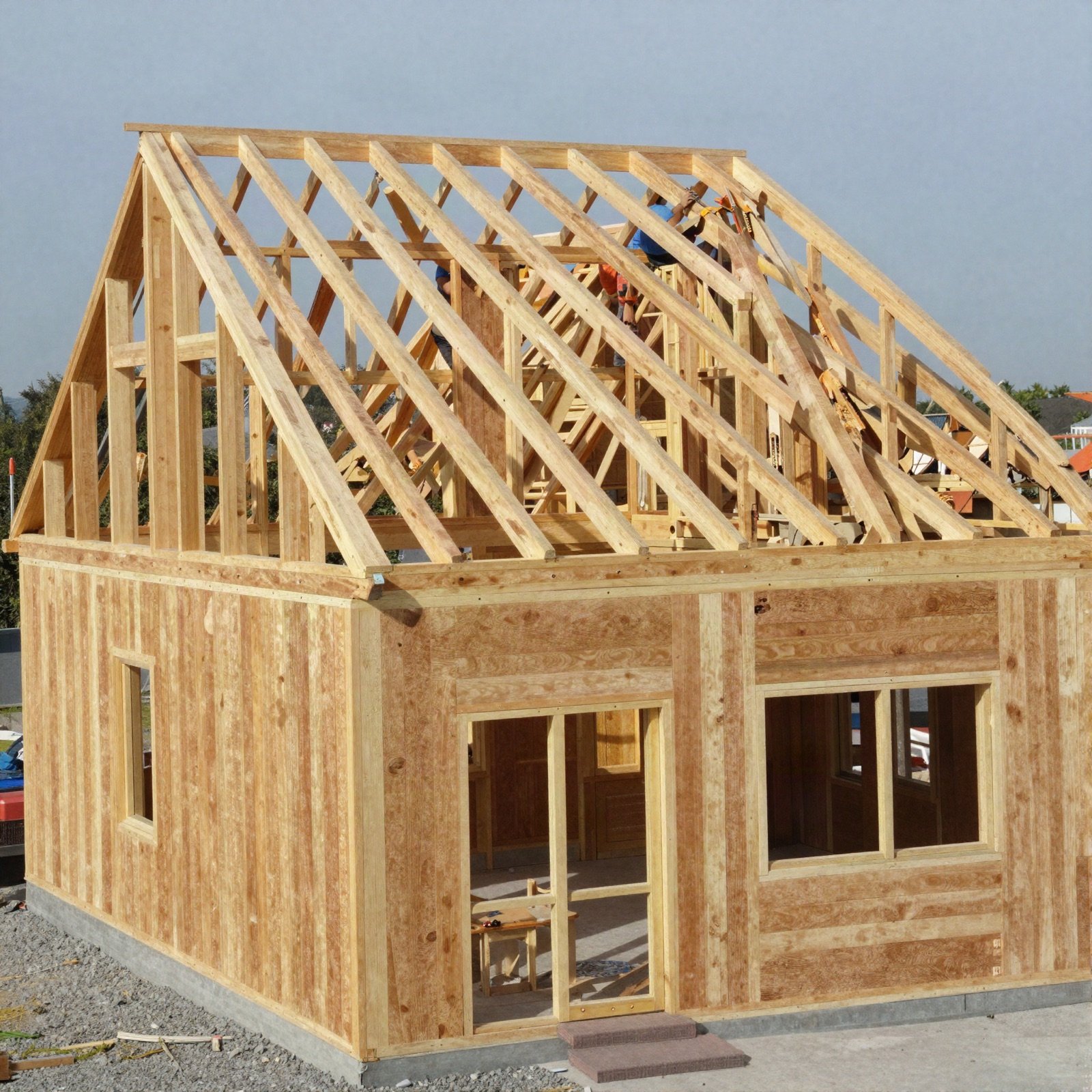 Timber-framed house with roof trusses under construction