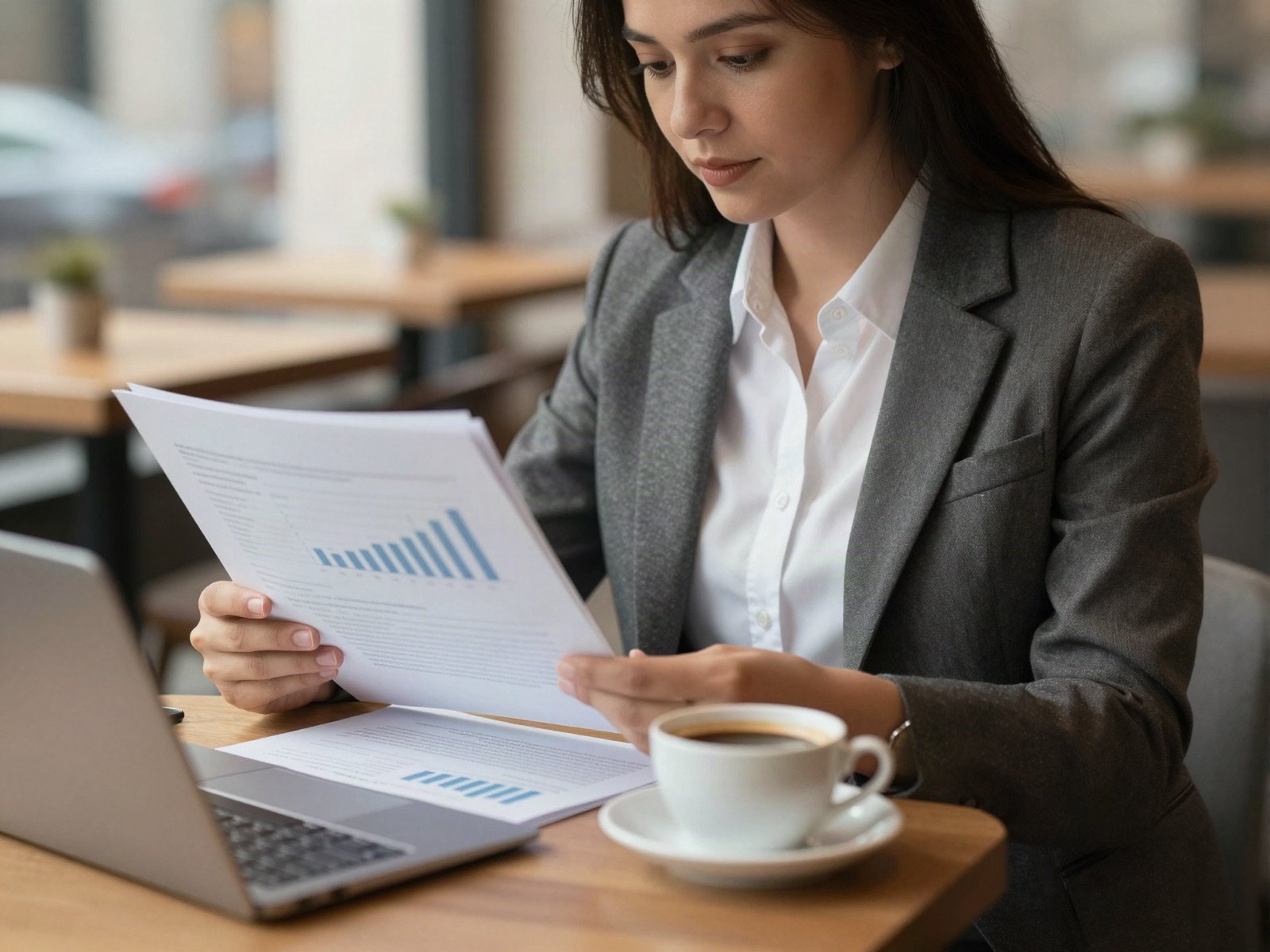 سيدة أعمال تقرأ تقارير مالية في مقهى