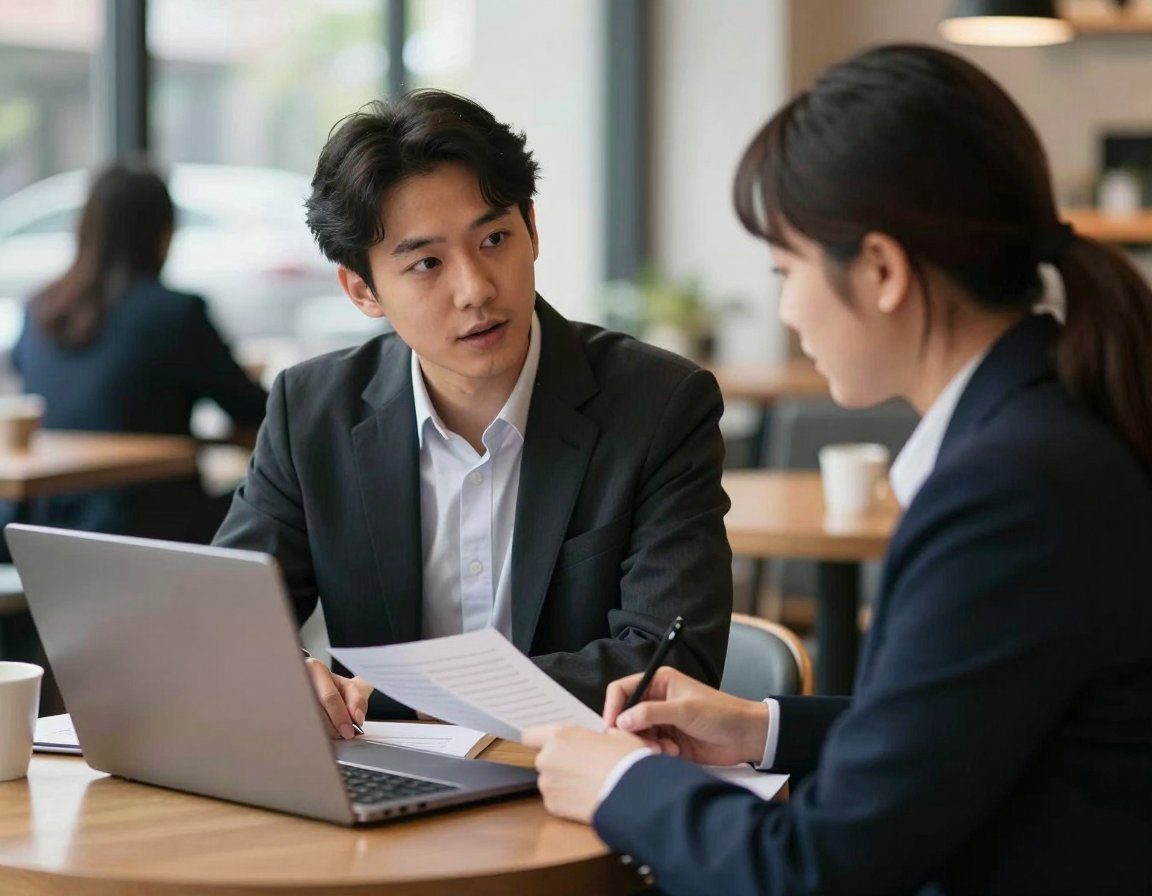 A consultant advising a small business owner over a laptop and documents