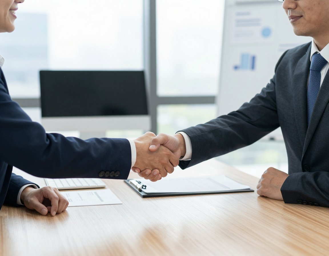 Two consultants shaking hands across a meeting table