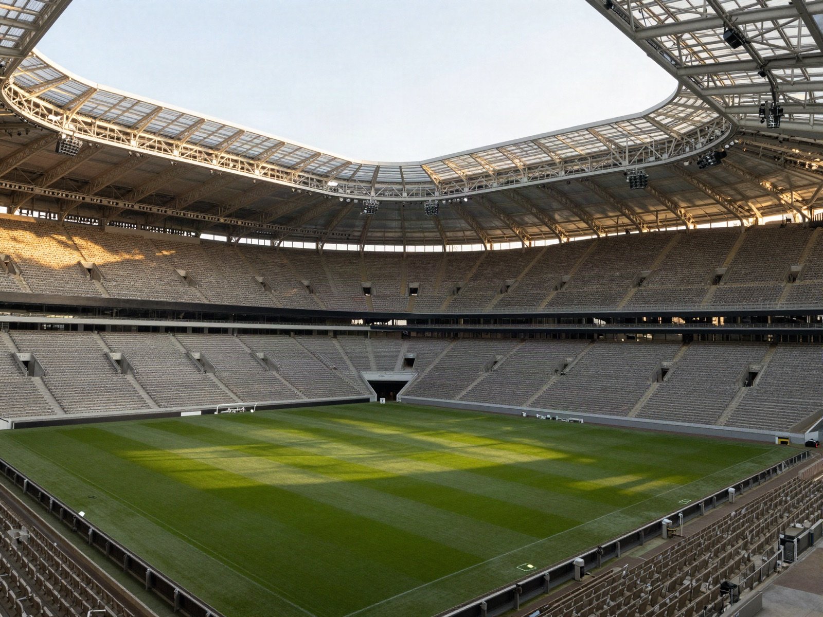 Empty modern stadium with a green pitch