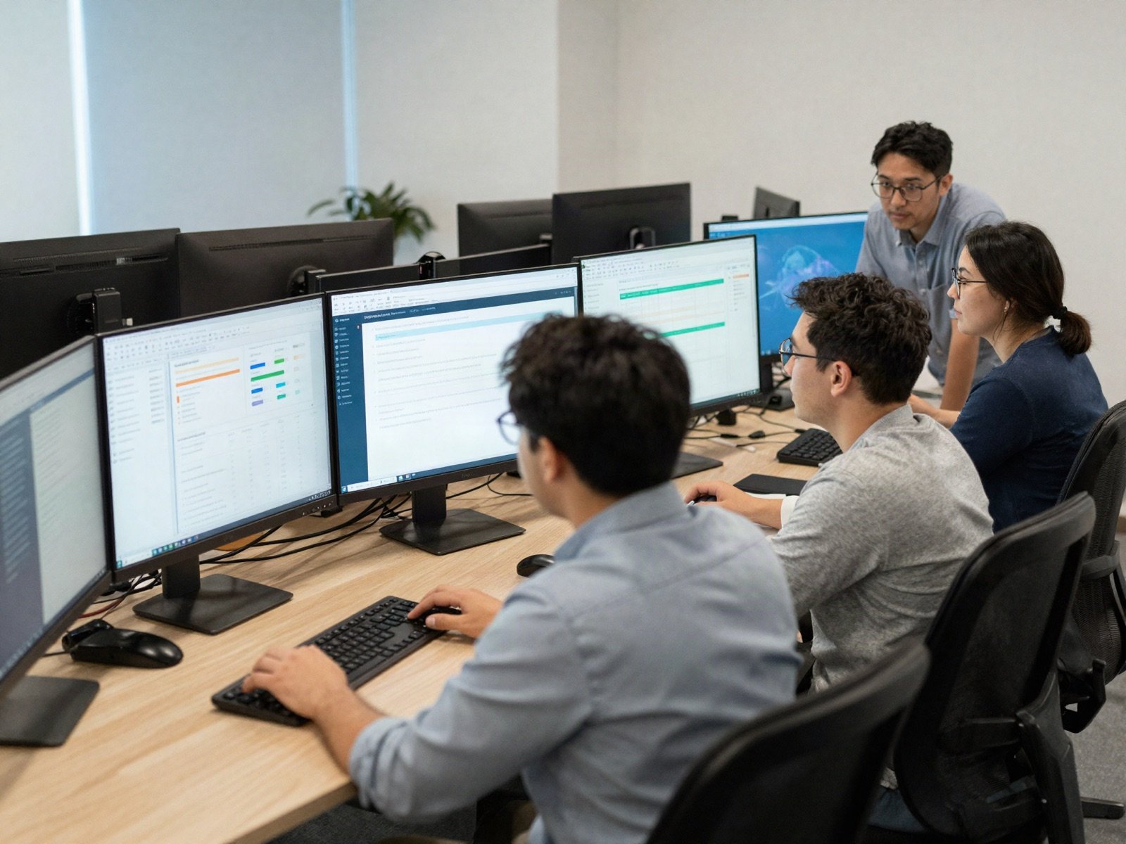 Software team reviewing dashboards on monitors