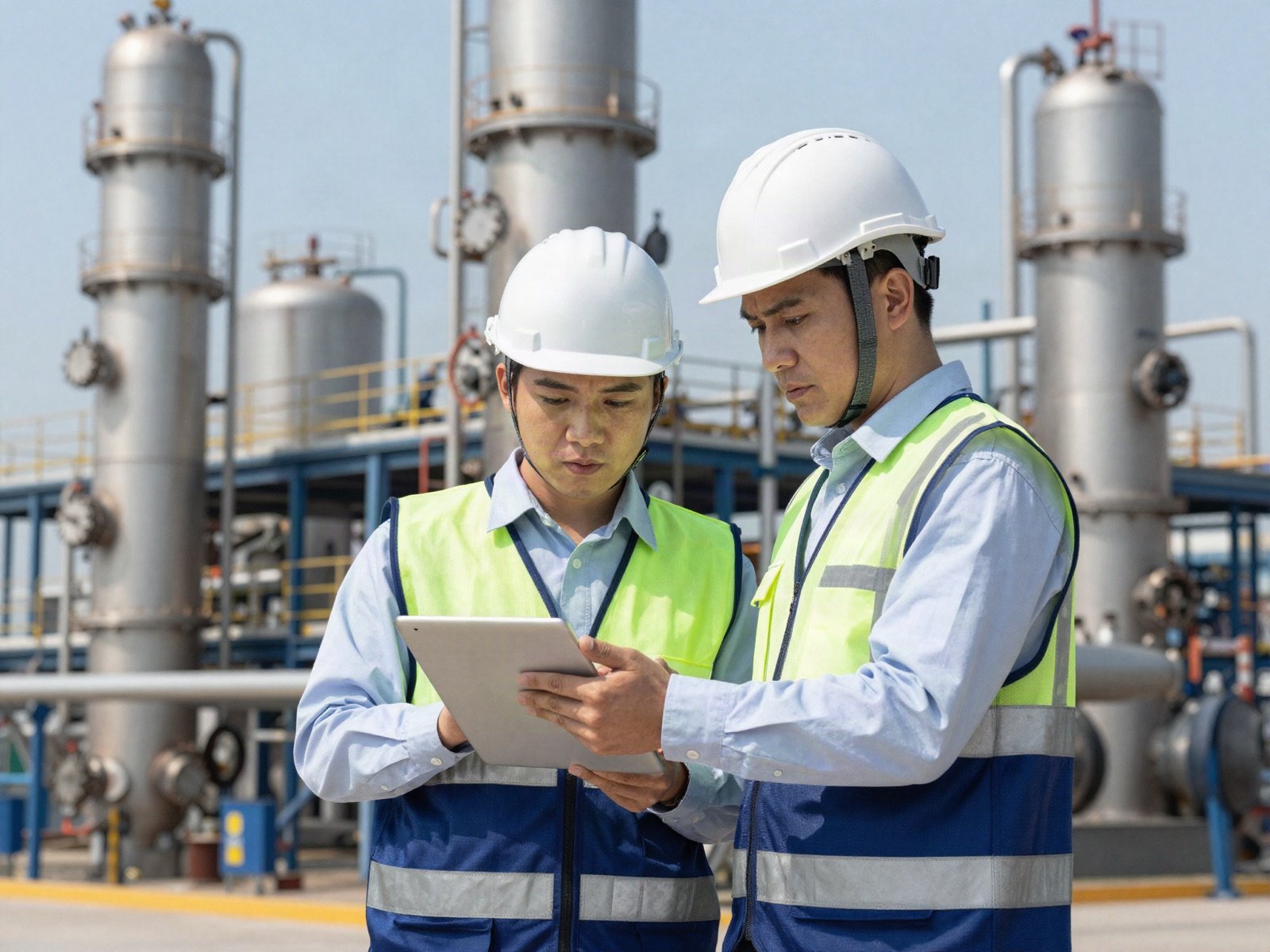 Engineers with a tablet at a chemical plant