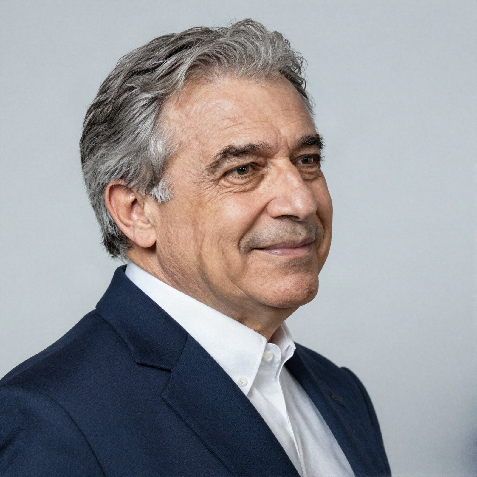 Portrait of a senior manager with grey hair in a navy suit