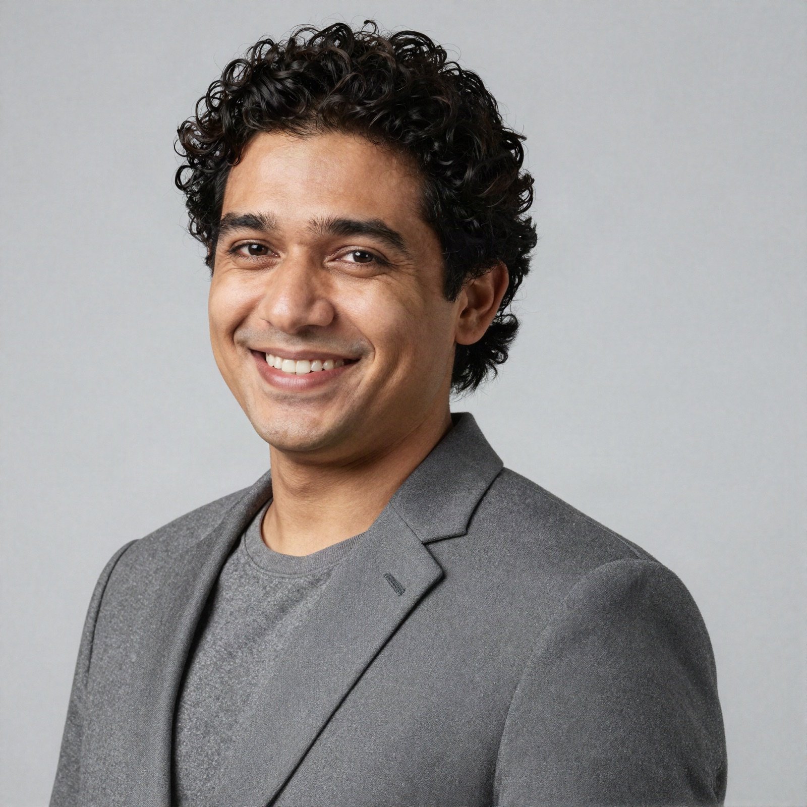 Portrait of a manager with curly hair in a grey jacket