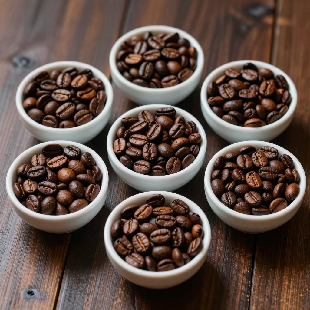 أوعية من أنواع مختلفة من حبوب البن المحمّصة على طاولة داكنة