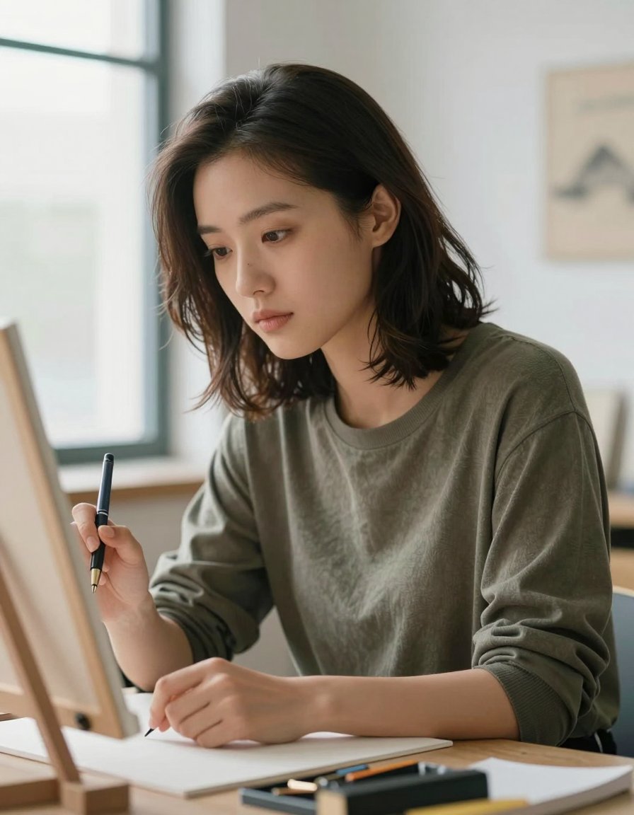 The lettering artist holding a dip pen at her studio desk
