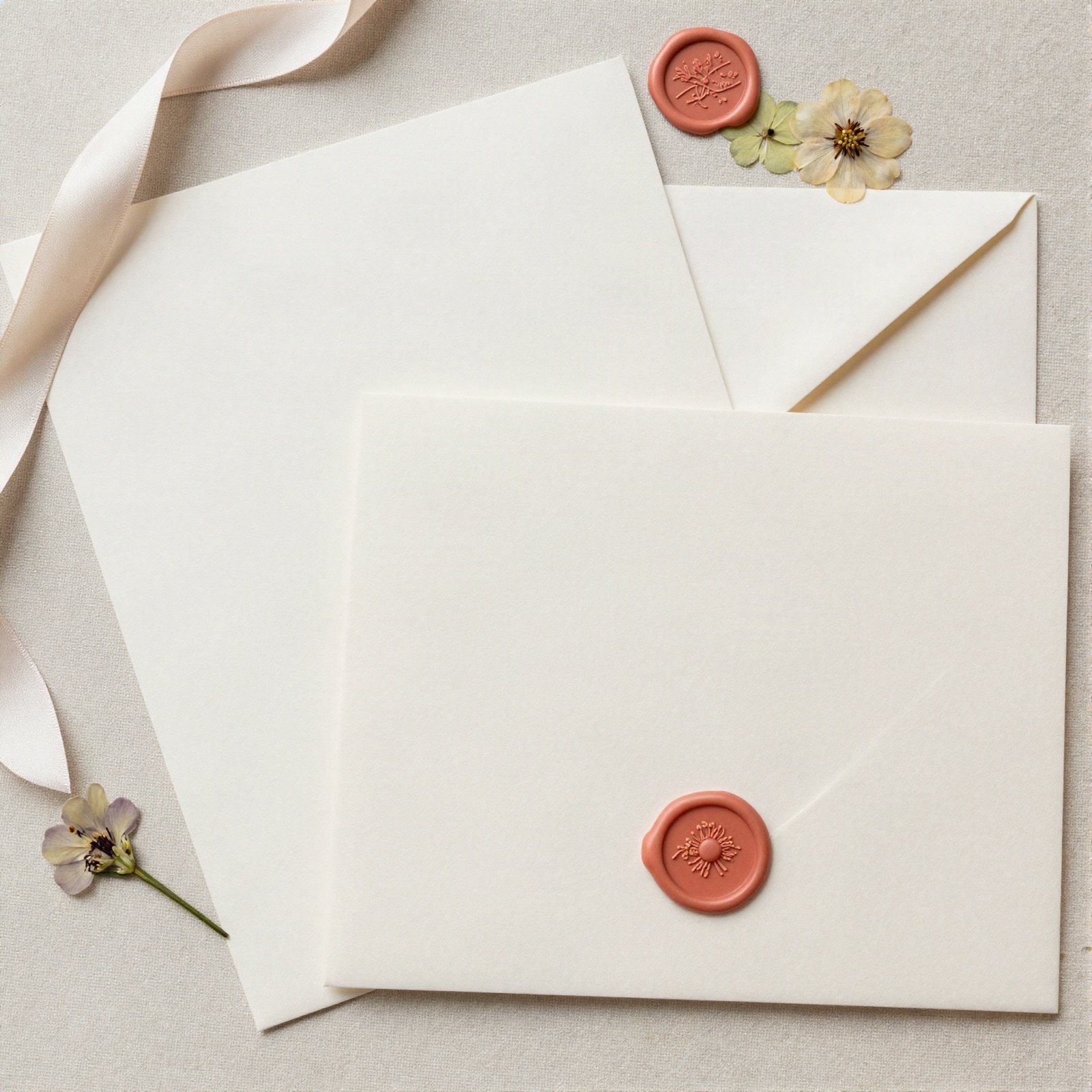 Blank wedding invitations with coral wax seals, pressed flowers and ribbon