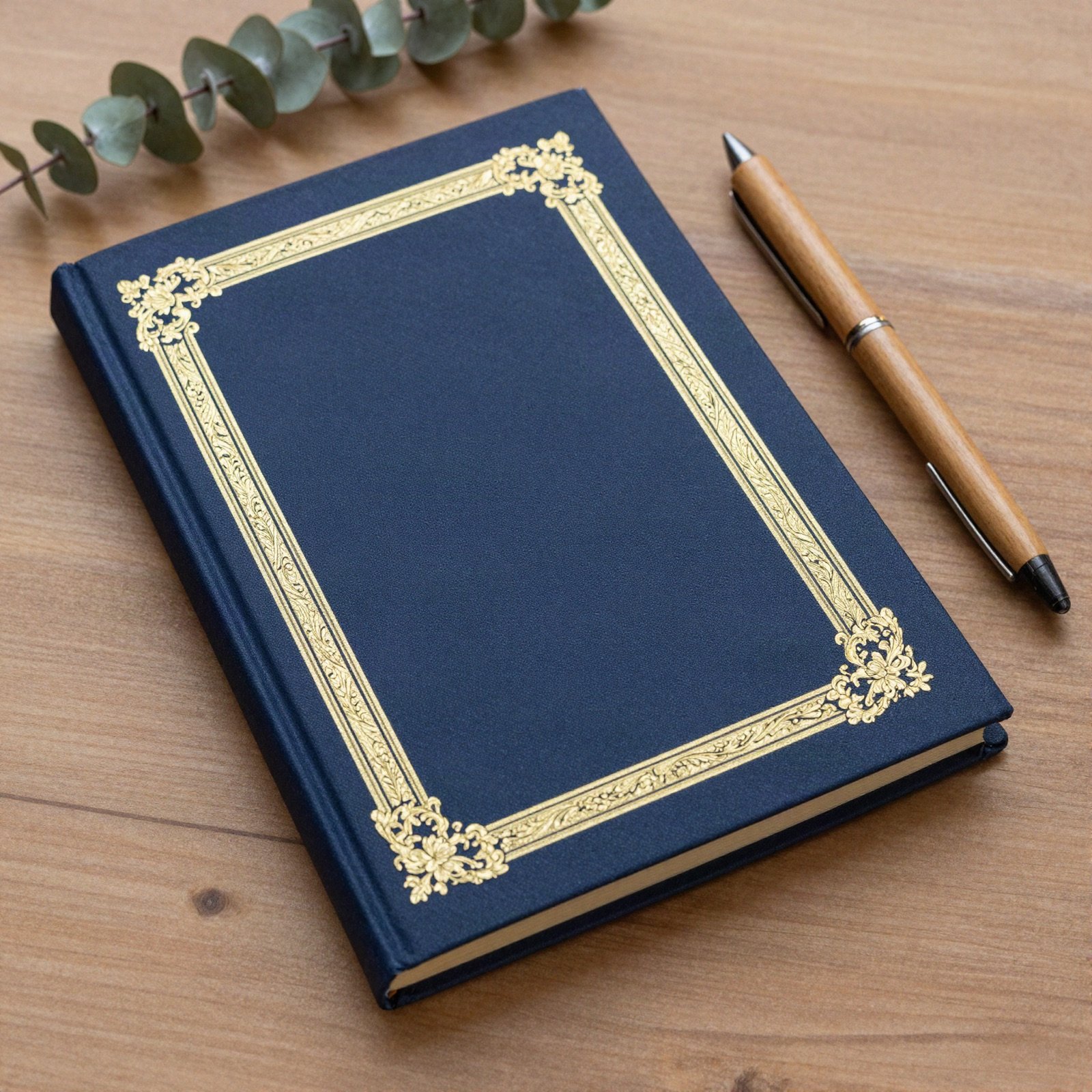 Navy hardcover book with an ornate gold flourish frame