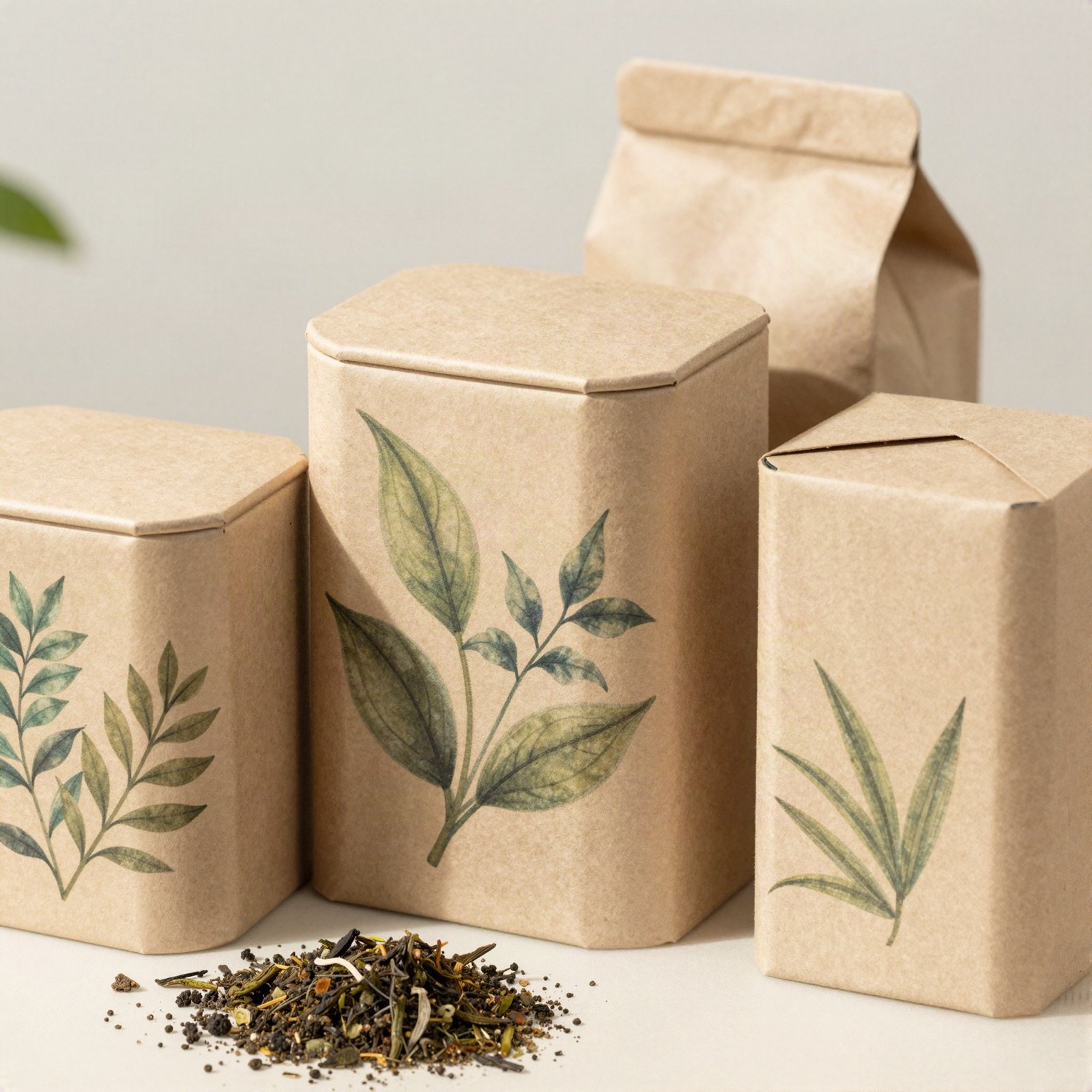 Kraft tea tins decorated with painted botanical leaves