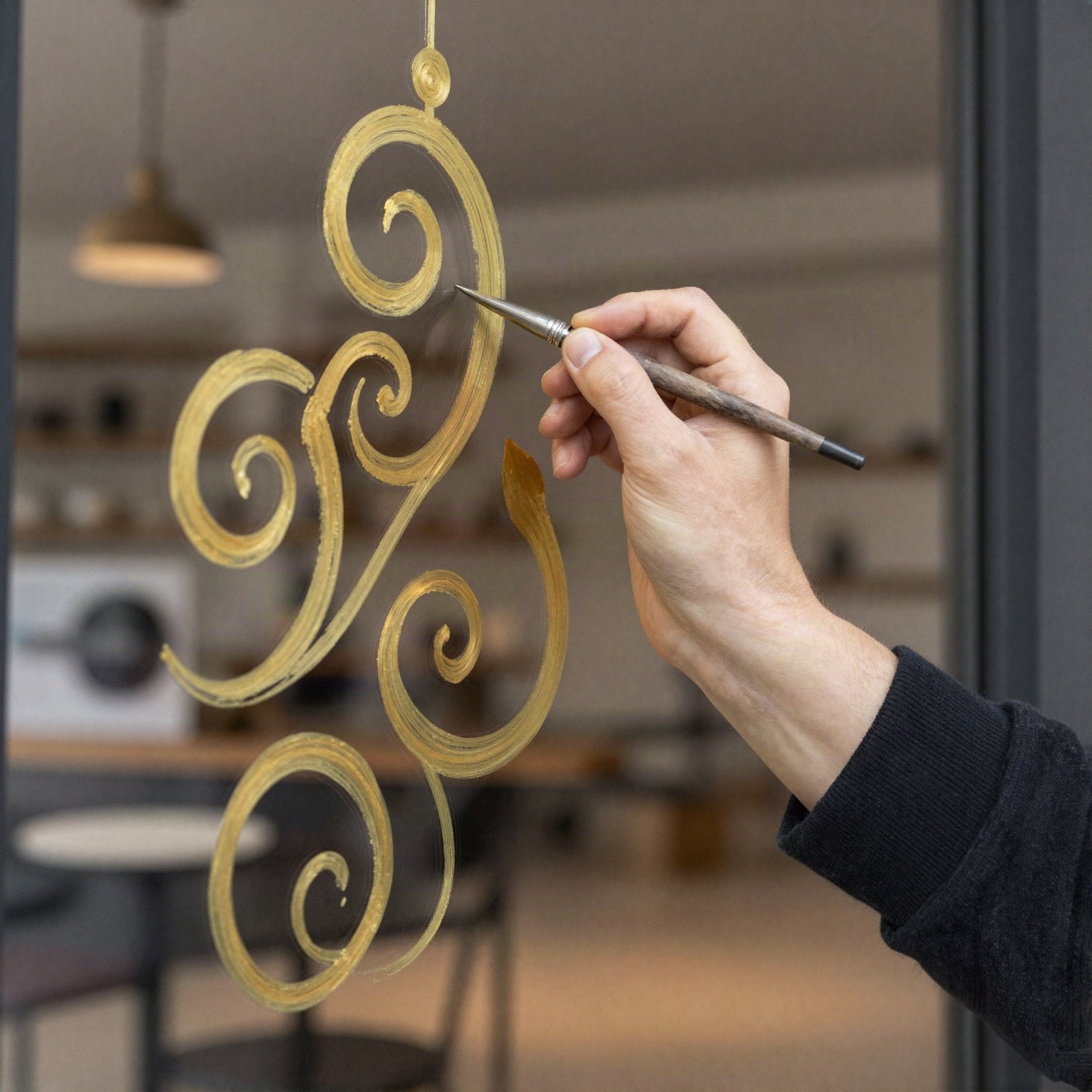 Artist painting a gold swirl ornament on a café window