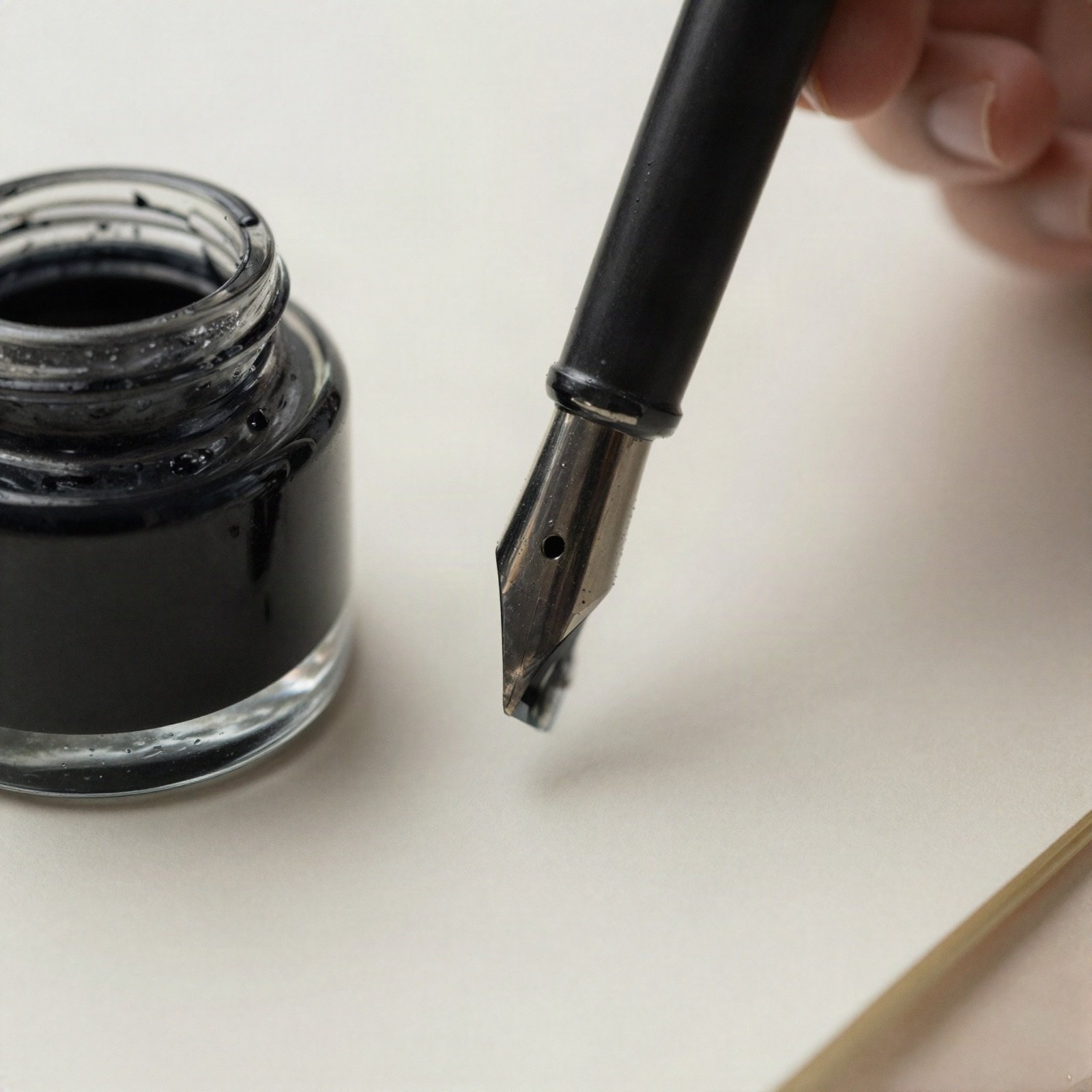 Pointed pen nib beside a pot of black ink