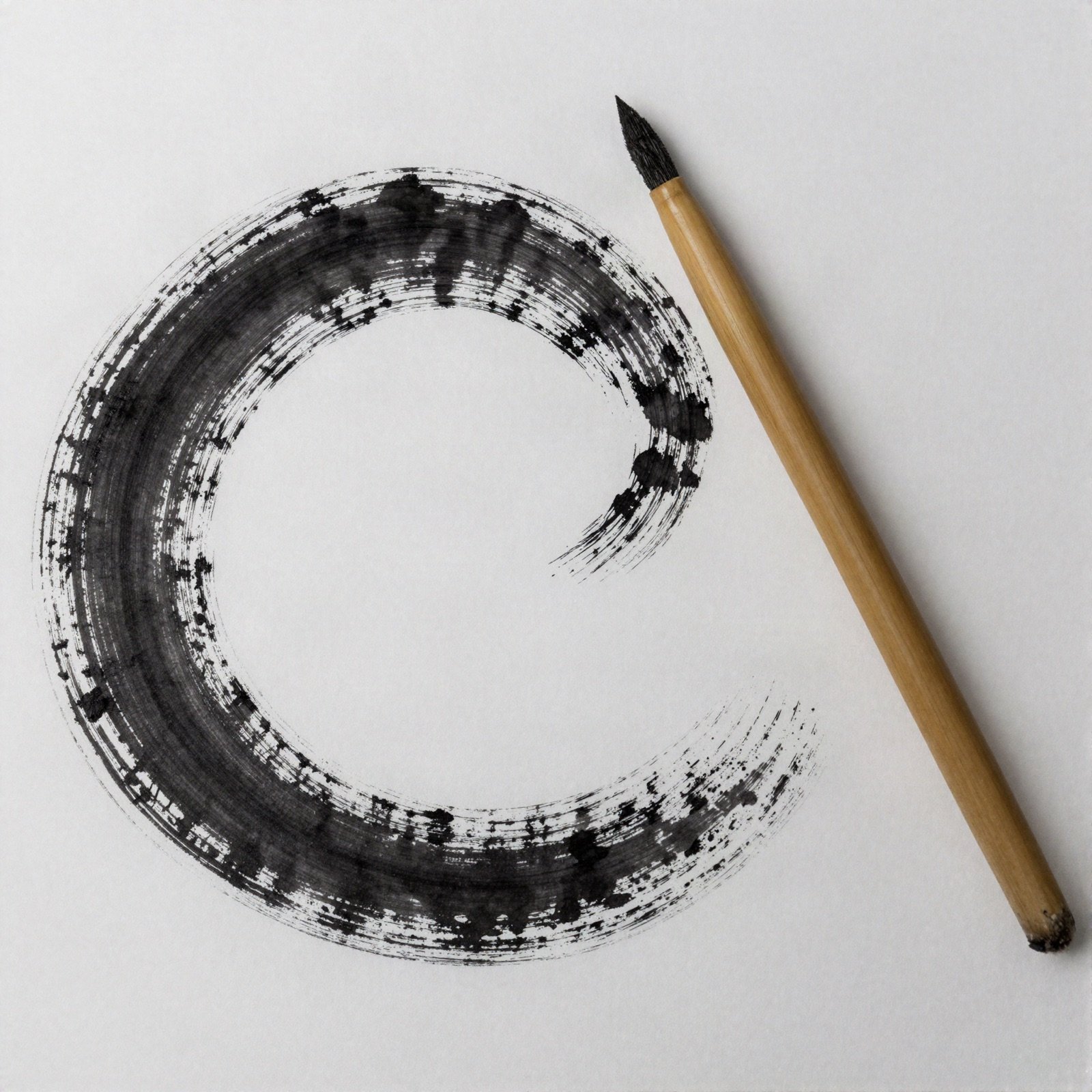 Circular black ink brush stroke with a bamboo brush