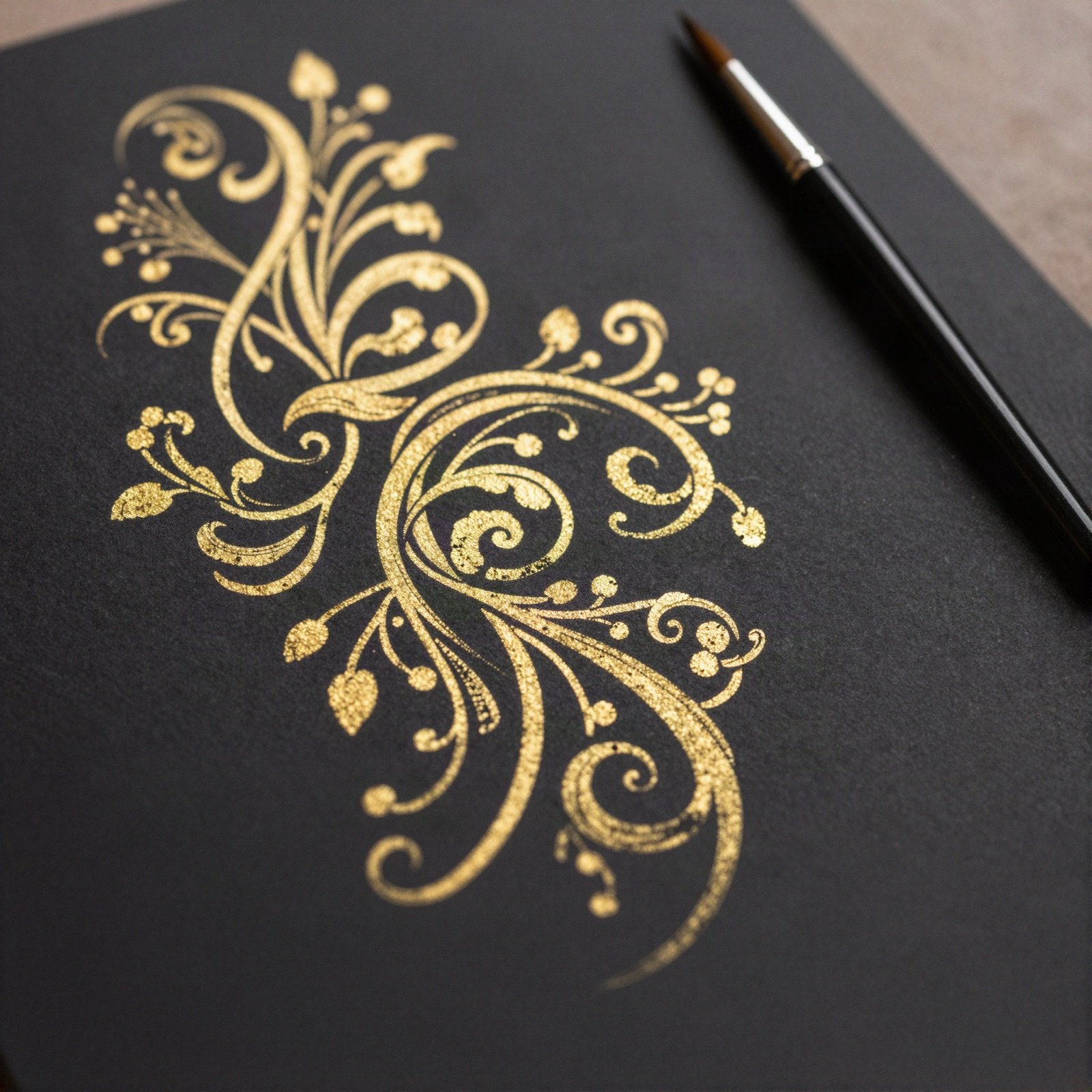 Gold ink flourish ornament on black card