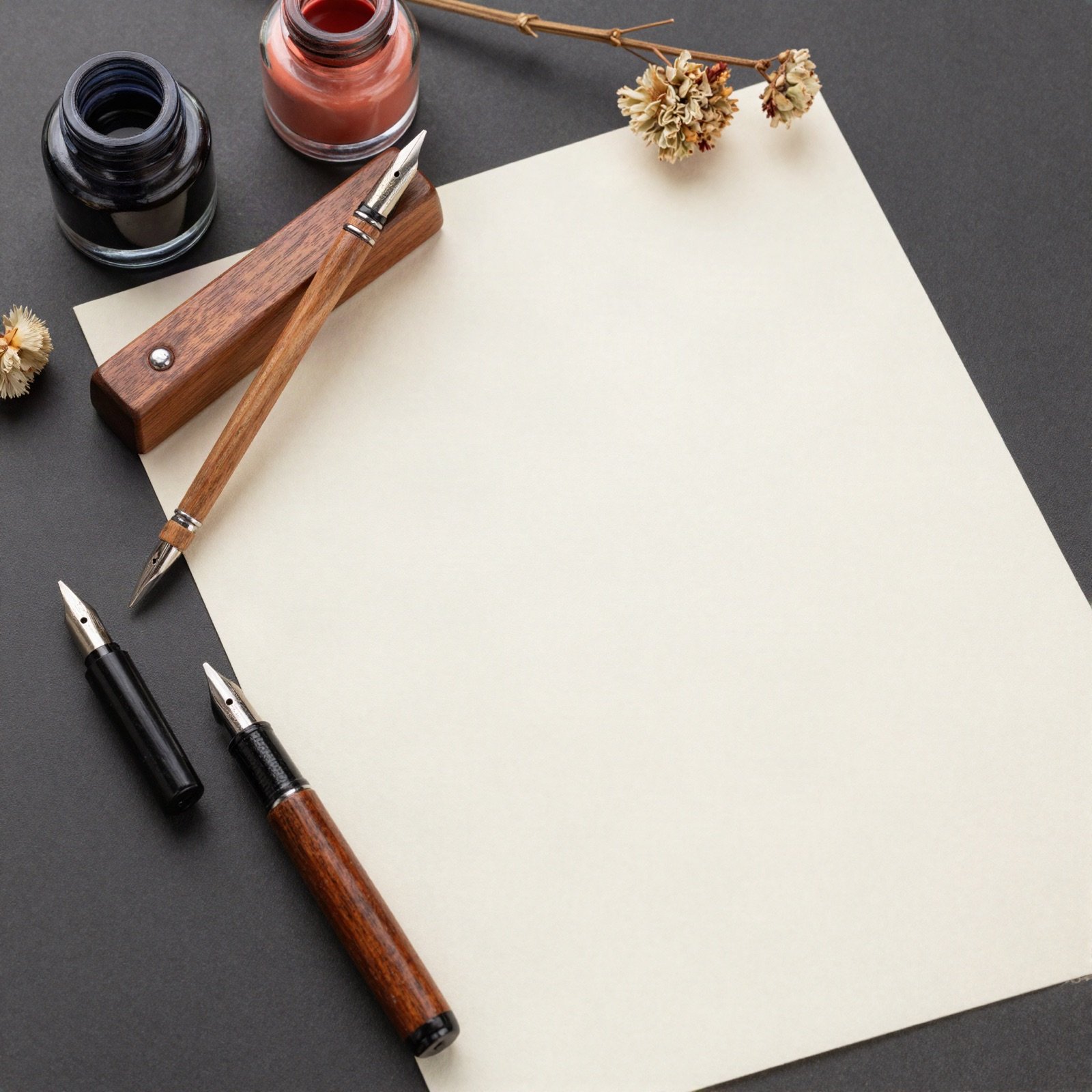 Dip pens, ink pots and blank paper on a dark desk