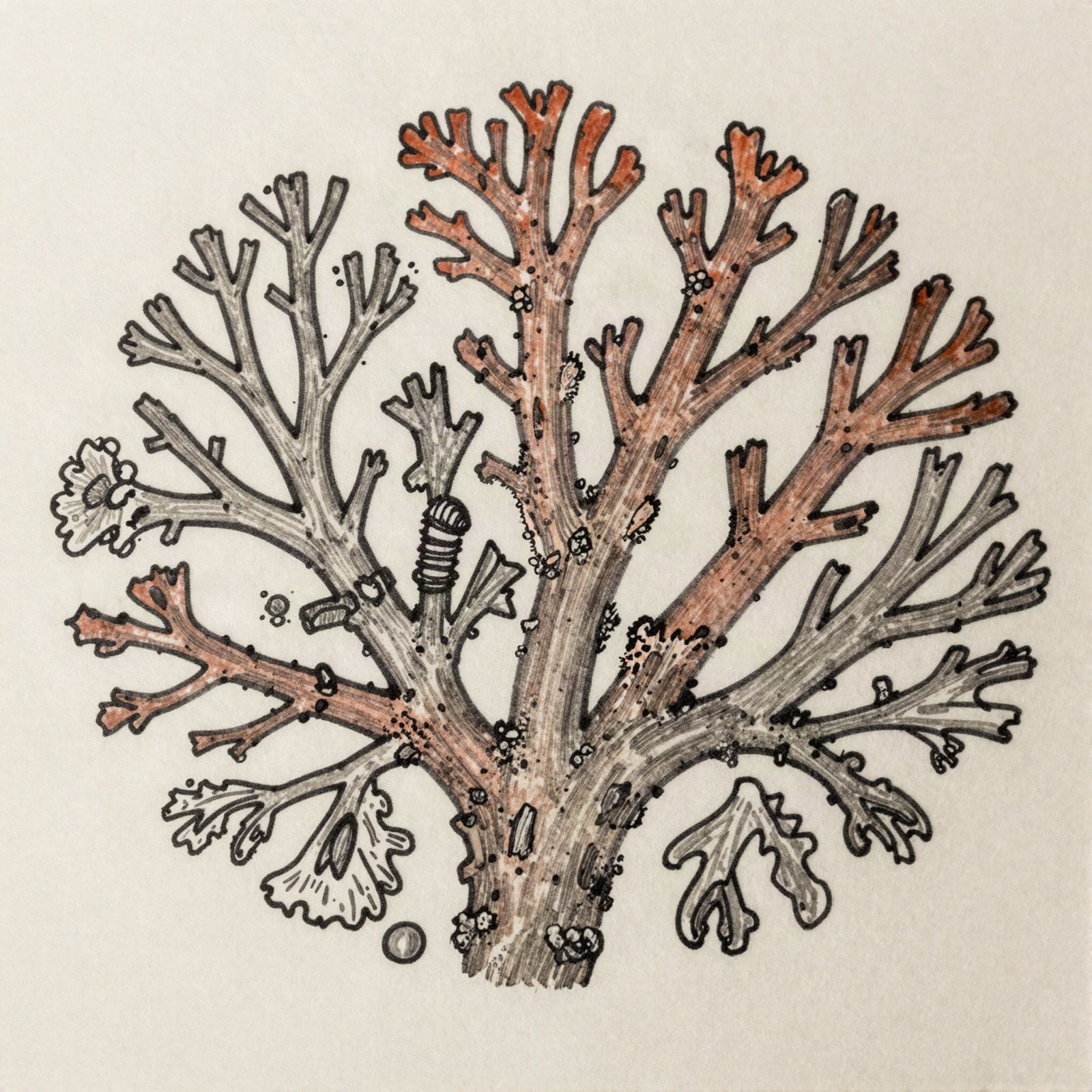 Fine ink drawing of coral branches tinted in coral red