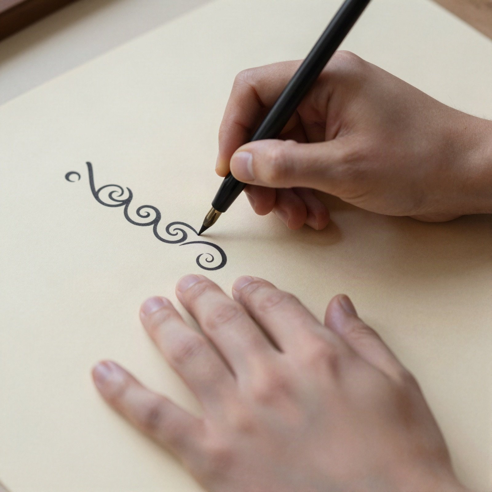 Hand drawing a spiral flourish with a dip pen