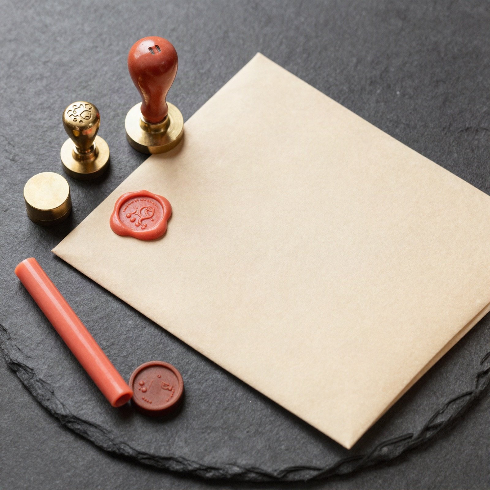 Brass wax seal stamps, coral sealing wax and an envelope