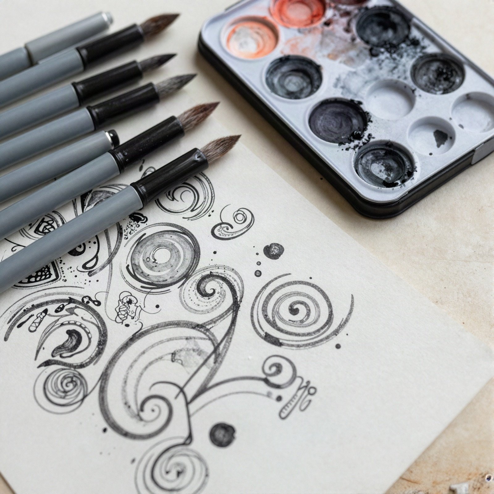 Brush pens and a paint palette beside a page of ink swirls