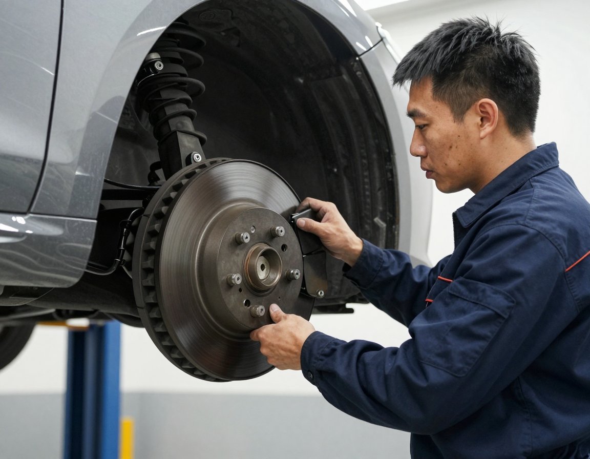 A mechanic fitting a new brake disc on a car in the workshop