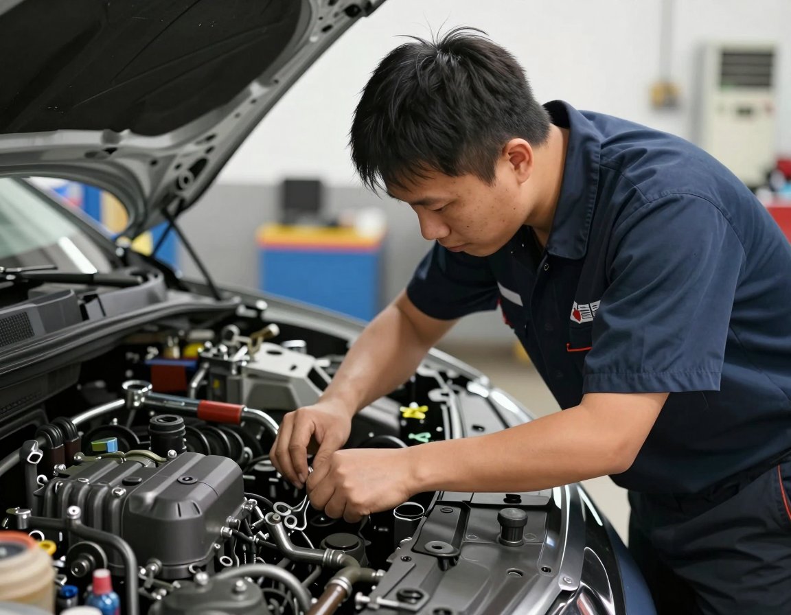 A mechanic repairing a car engine in the workshop