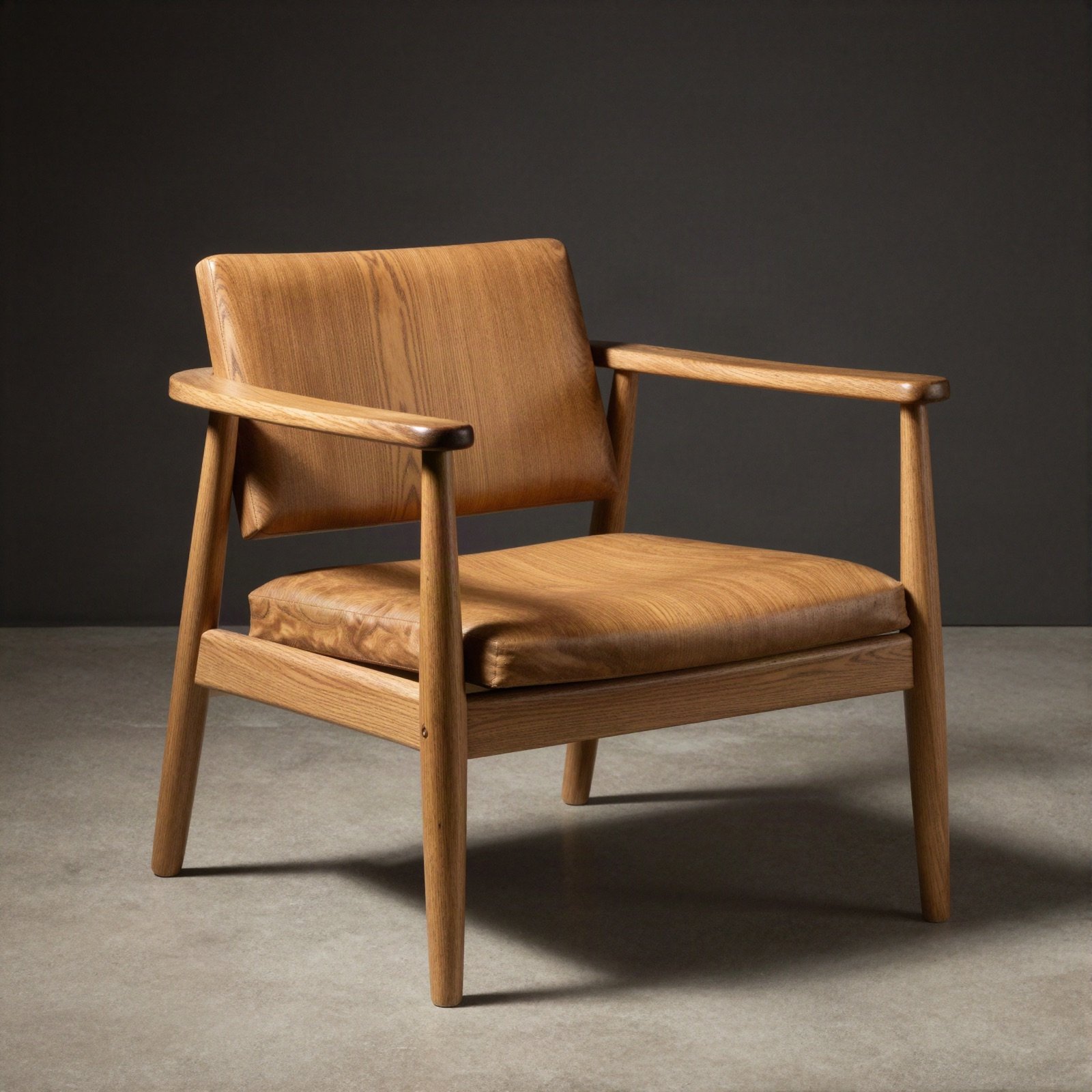 A handcrafted oak armchair with a leather seat
